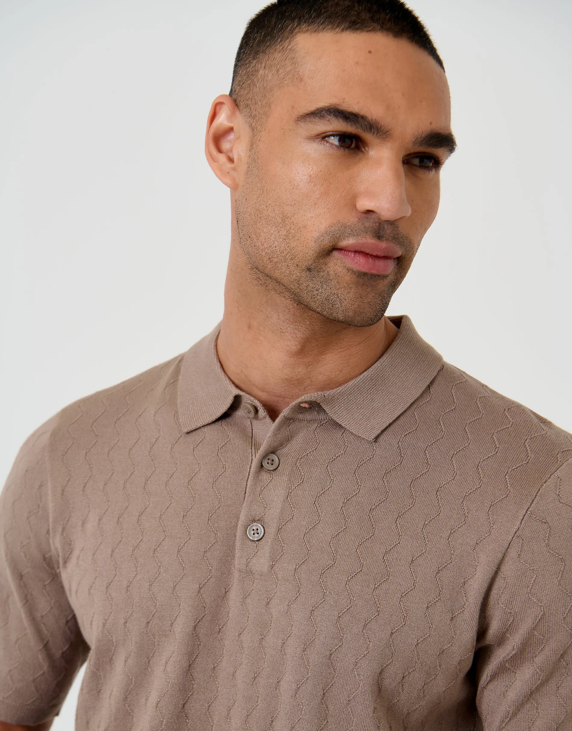 Taupe Zig Zag Stitch Knitted Polo sold by Threadbare product image thumbnail 4
