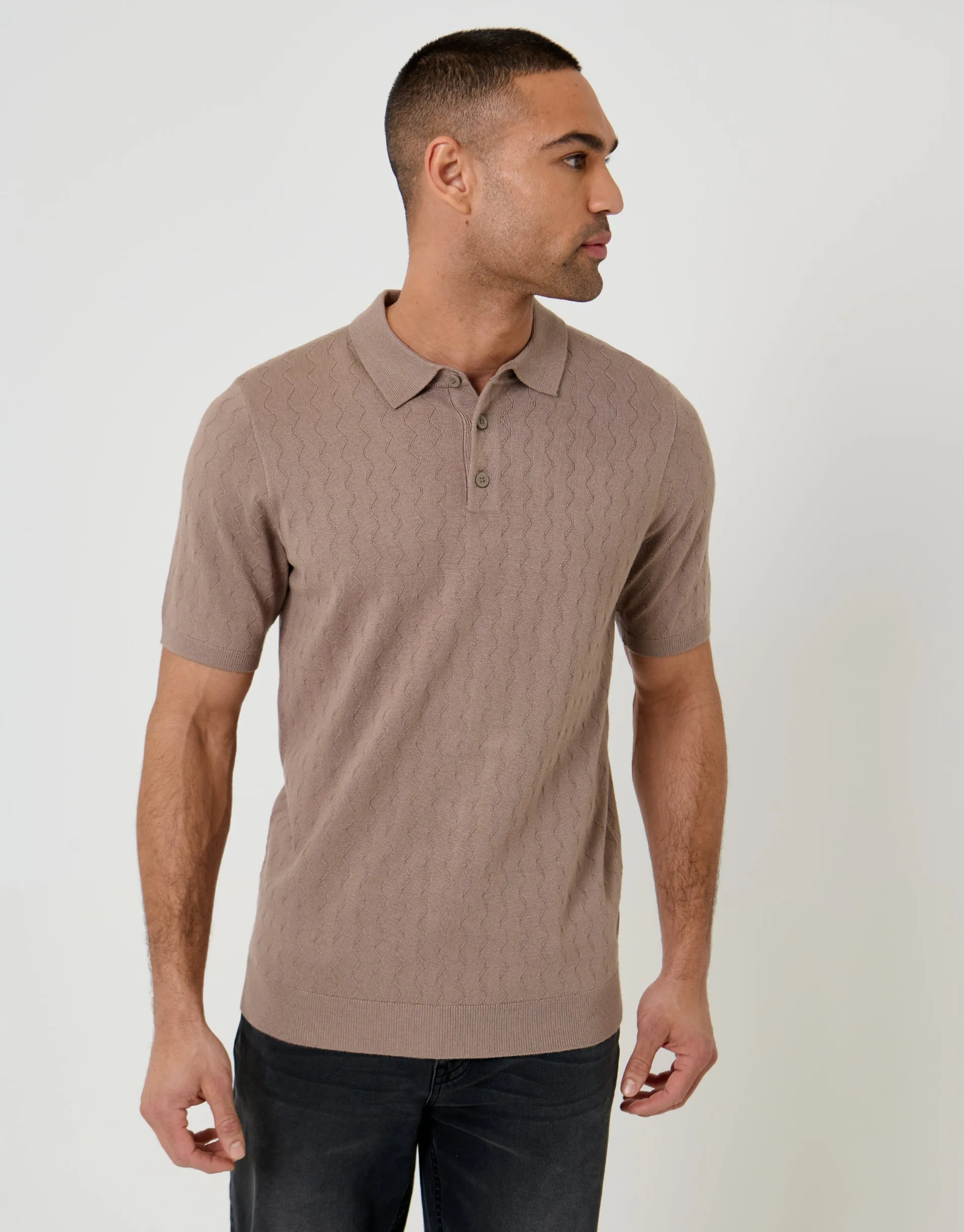 Taupe Zig Zag Stitch Knitted Polo sold by Threadbare