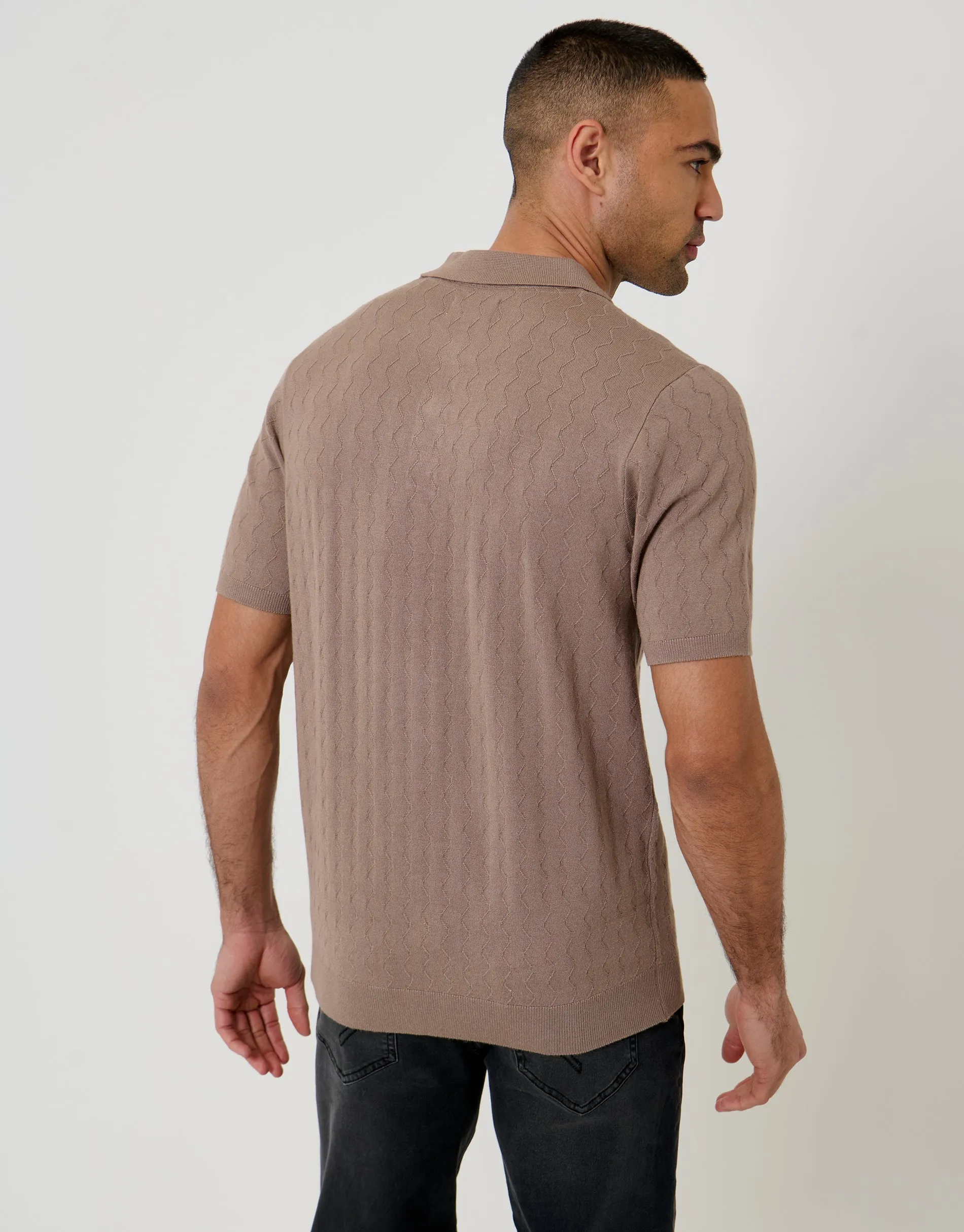 Taupe Zig Zag Stitch Knitted Polo sold by Threadbare product image thumbnail 2