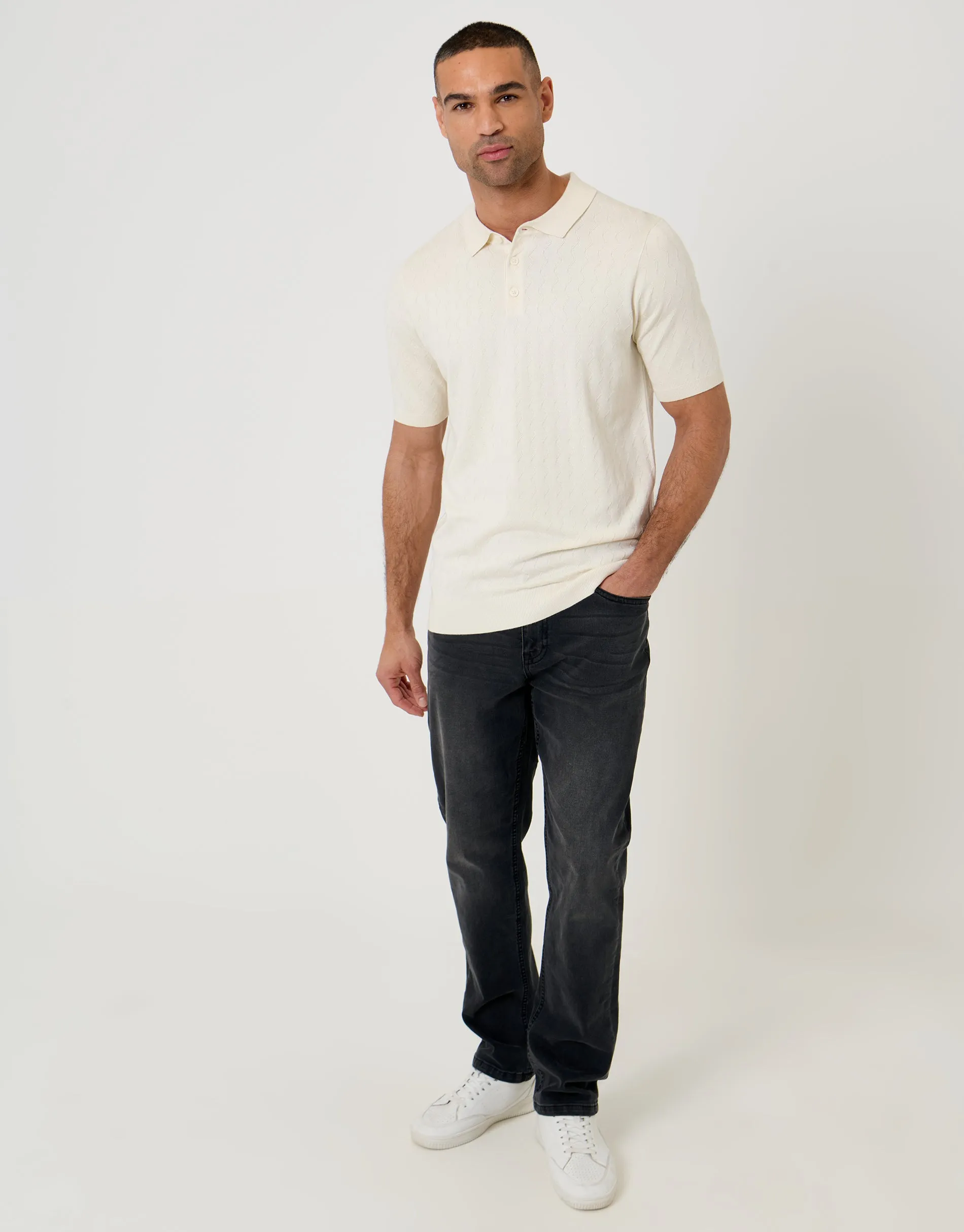 Ecru Zig Zag Stitch Knitted Polo sold by Threadbare product image thumbnail 3