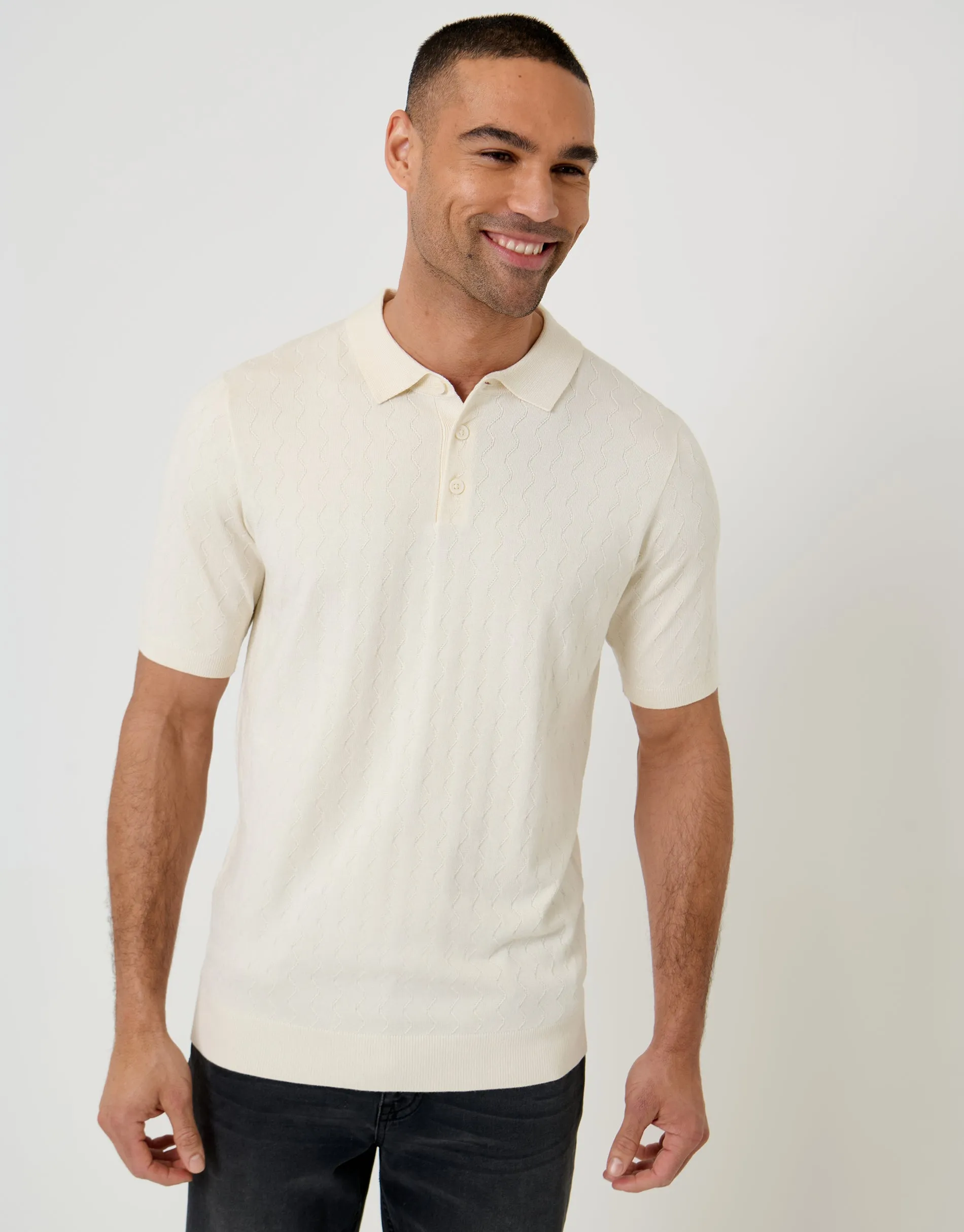 Ecru Zig Zag Stitch Knitted Polo sold by Threadbare