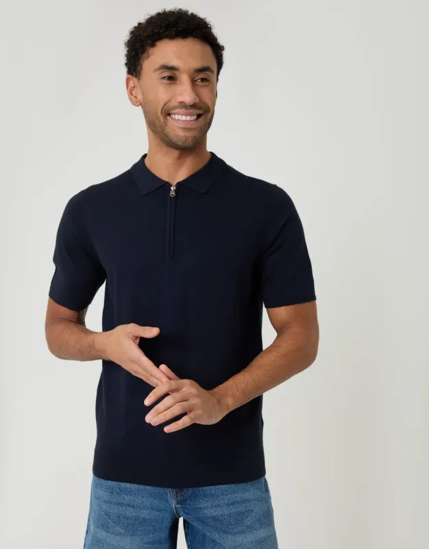 Navy Quarter Zip Knitted Polo made by Threadbare