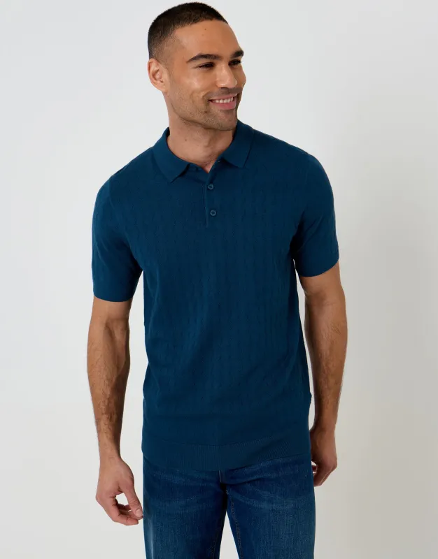 Denim Blue Zig Zag Stitch Knitted Polo made by Threadbare
