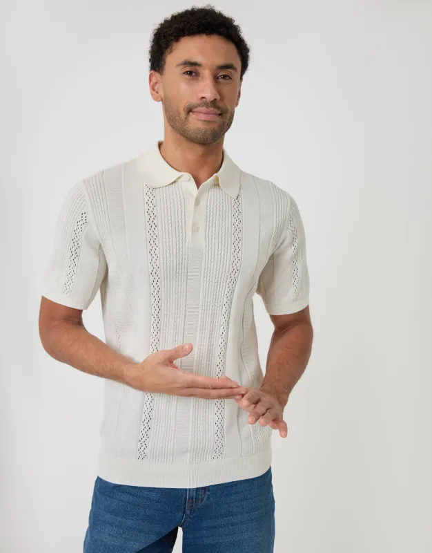 Ecru Textured Stripe Knitted Polo made by Threadbare