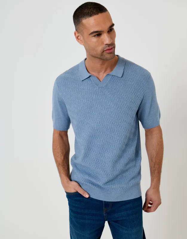 Textured Knit Front Trophy Neck Polo in Denim Blue made by Threadbare