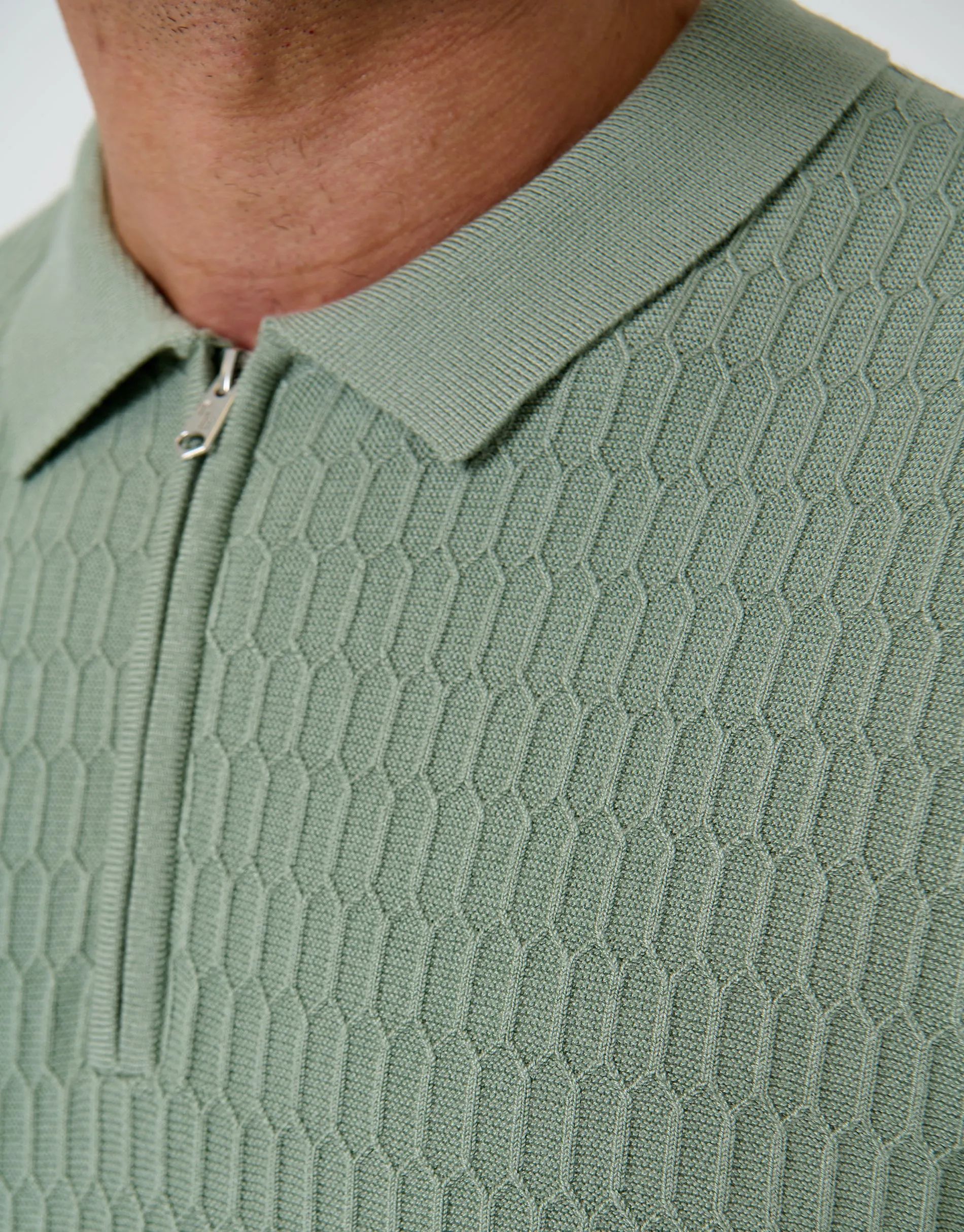 Sage Green Textured Knit Quarter Zip Polo sold by Threadbare product image thumbnail 5