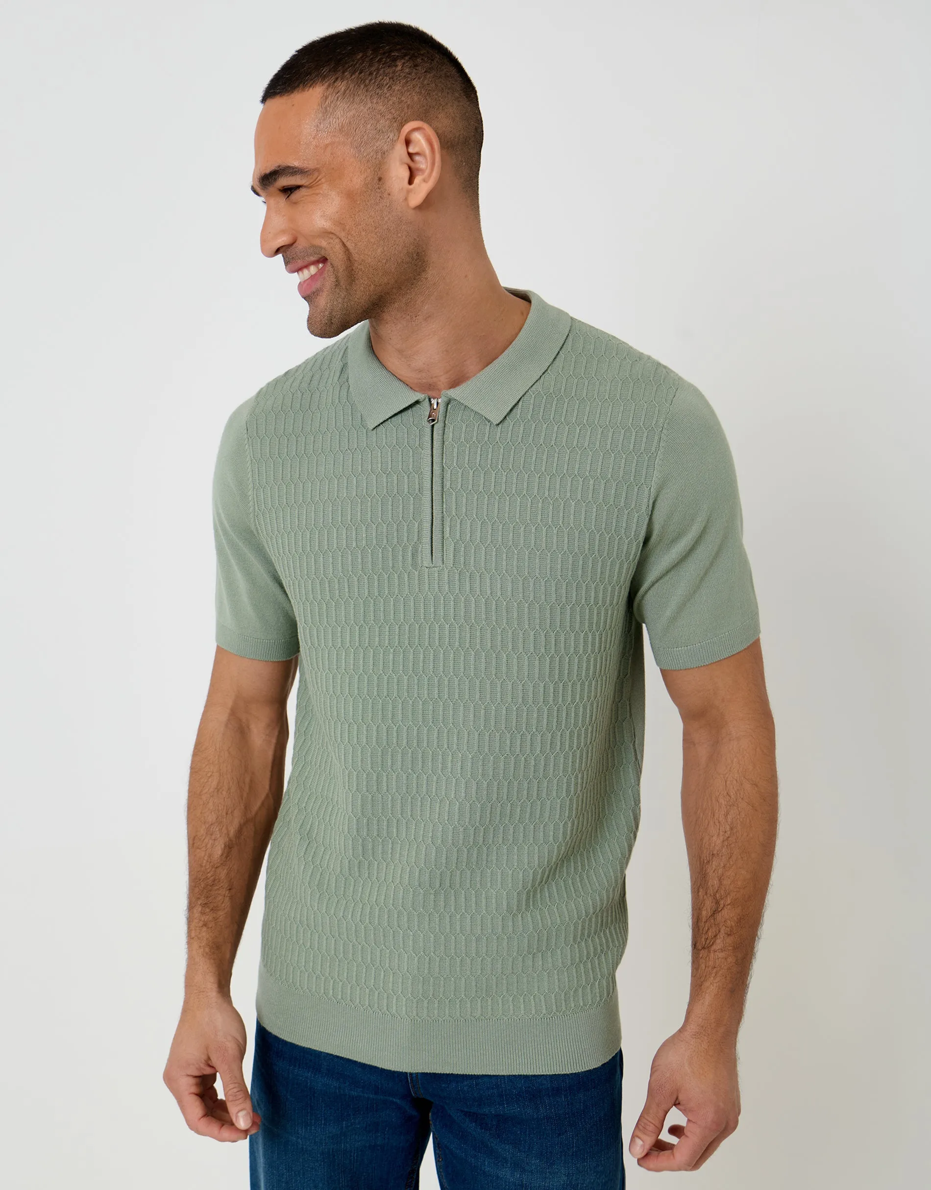 Sage Green Textured Knit Quarter Zip Polo sold by Threadbare