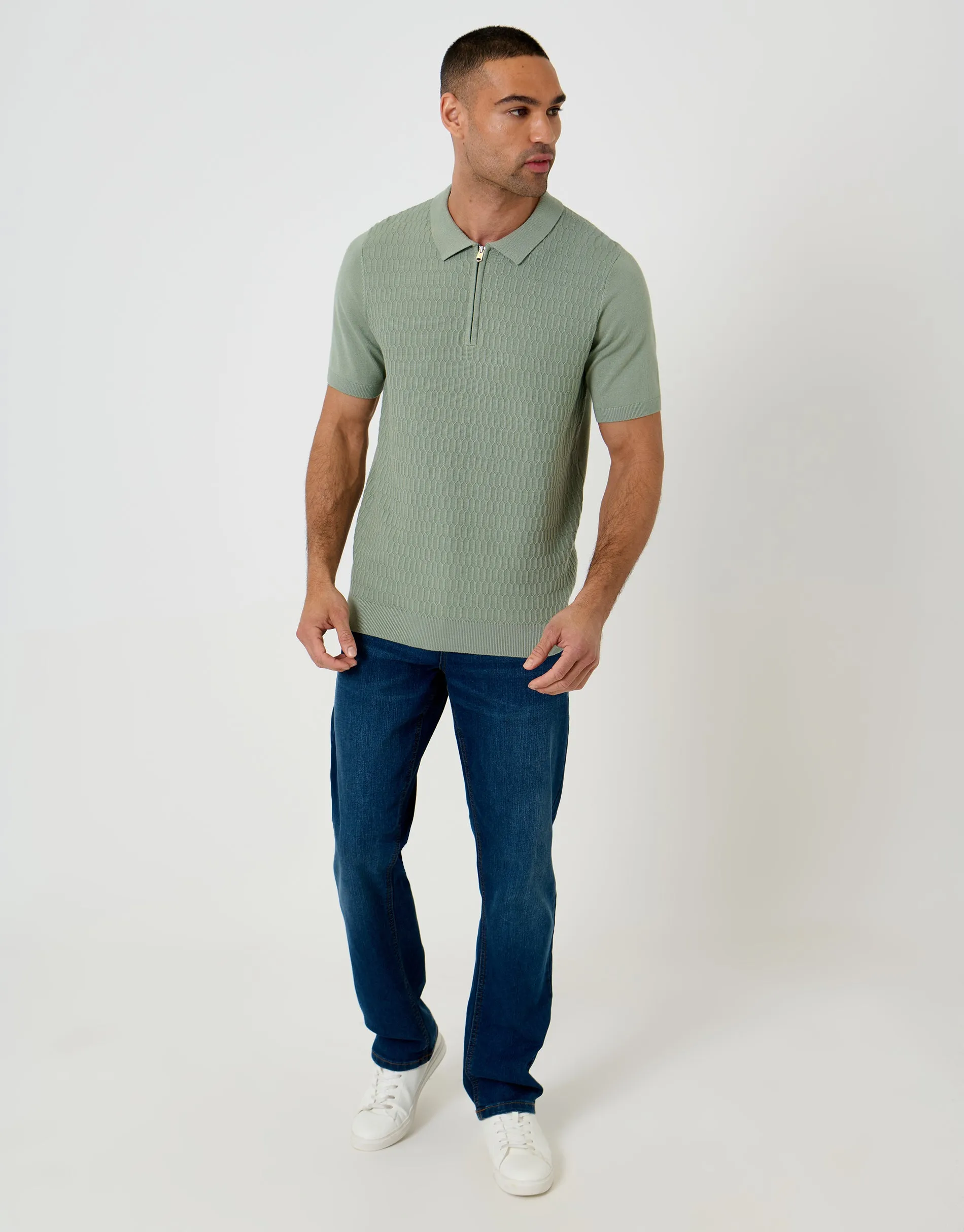 Sage Green Textured Knit Quarter Zip Polo sold by Threadbare product image thumbnail 3