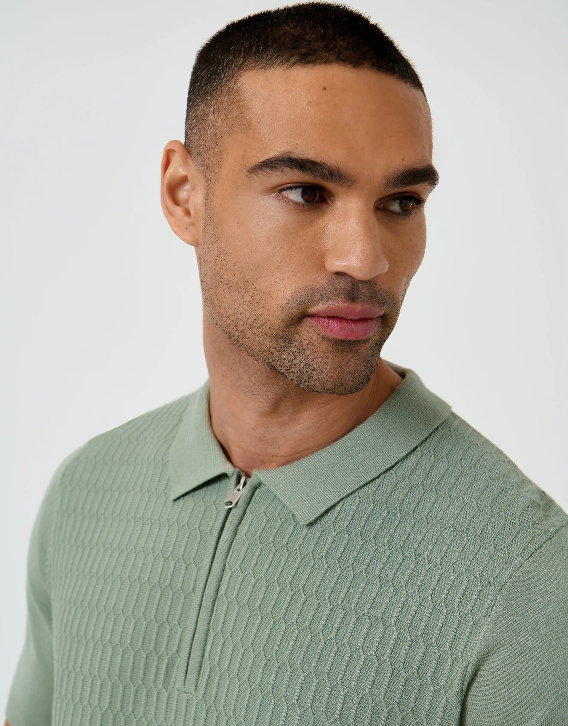 Sage Green Textured Knit Quarter Zip Polo sold by Threadbare product image thumbnail 4