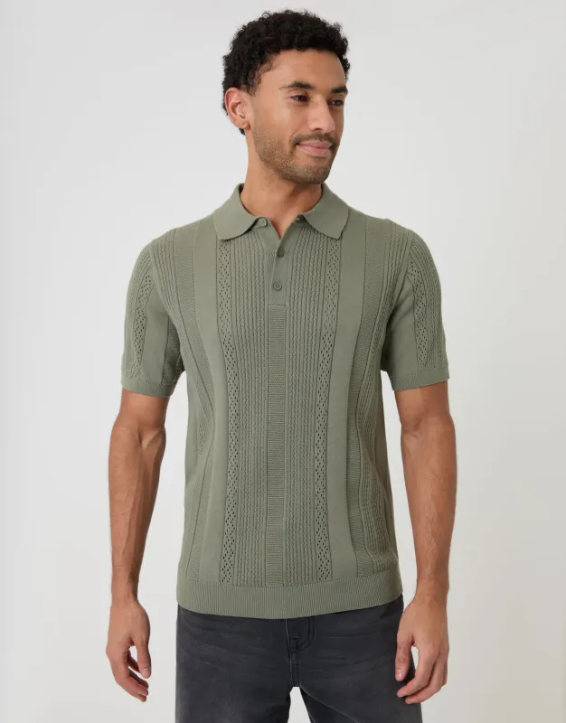 Sage Green Textured Stripe Knitted Polo made by Threadbare