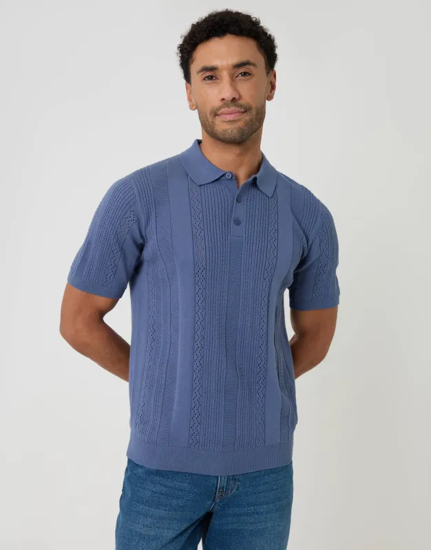 Blue Textured Stripe Knitted Polo made by Threadbare