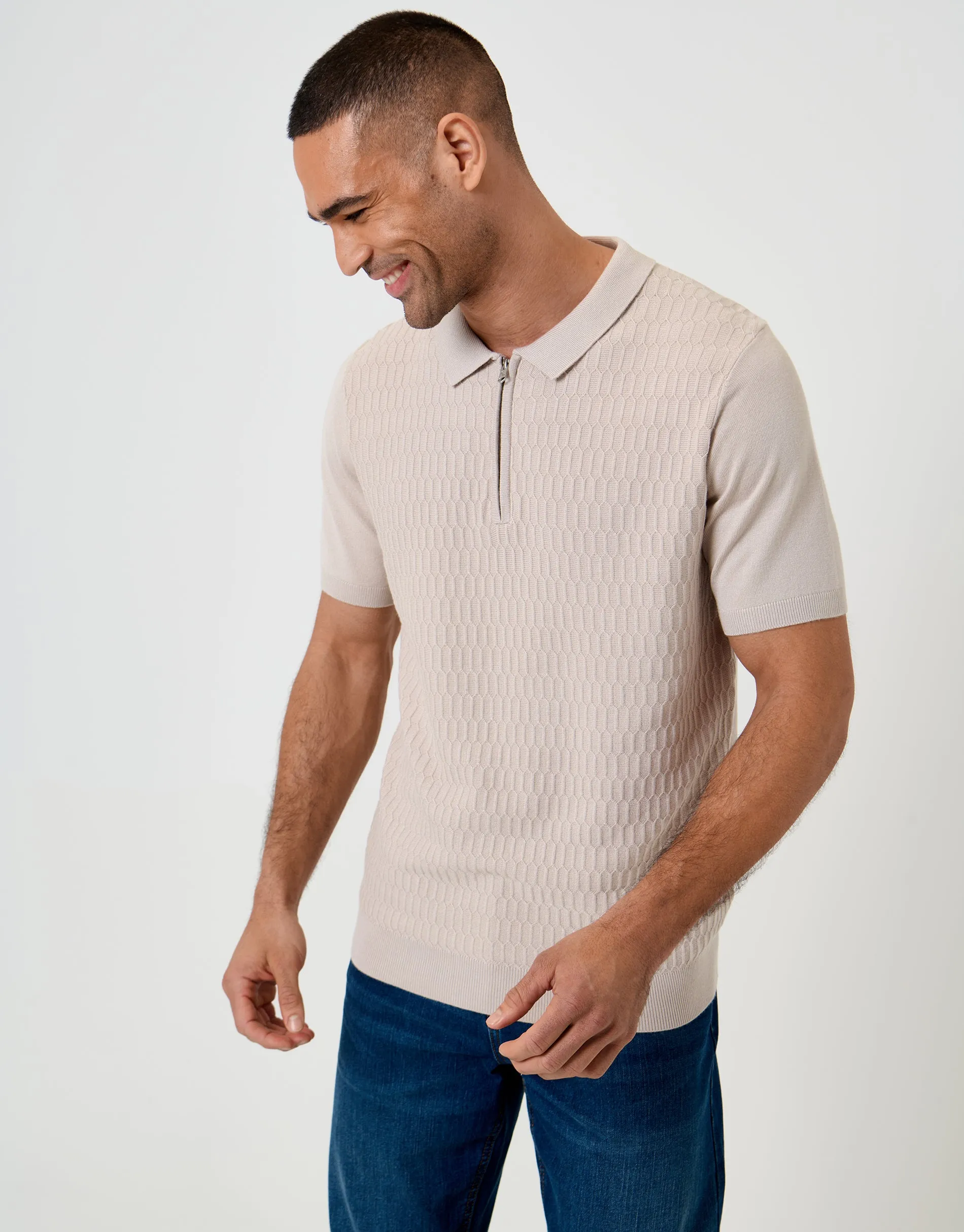 Taupe Textured Knit Quarter Zip Polo sold by Threadbare