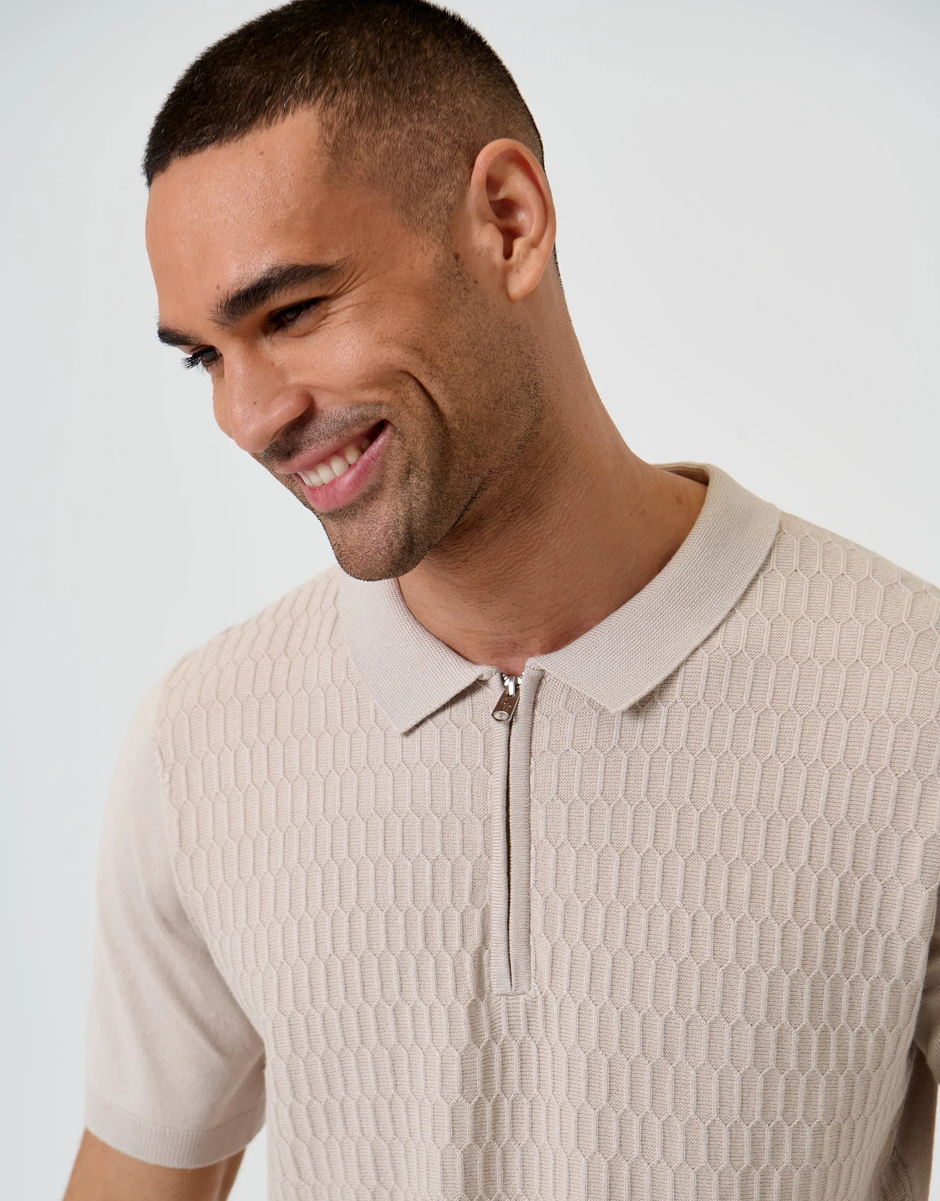 Taupe Textured Knit Quarter Zip Polo sold by Threadbare product image thumbnail 4