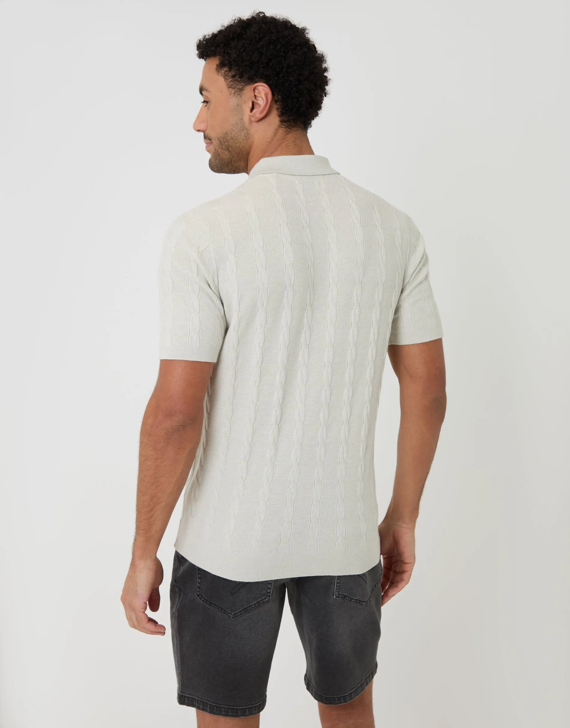 Ecru Cable Stripe Knitted Button Polo sold by Threadbare product image thumbnail 2