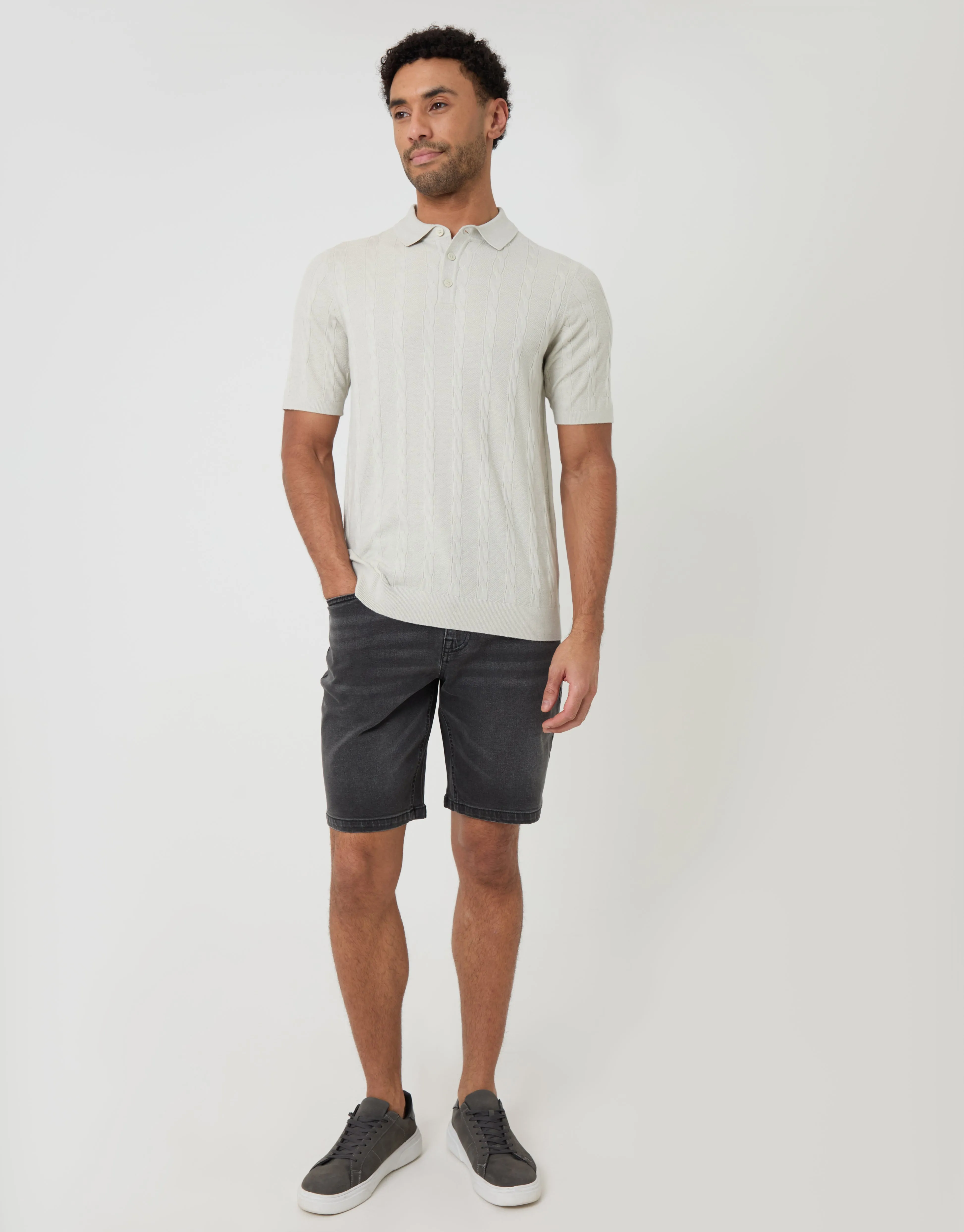 Ecru Cable Stripe Knitted Button Polo sold by Threadbare product image thumbnail 3