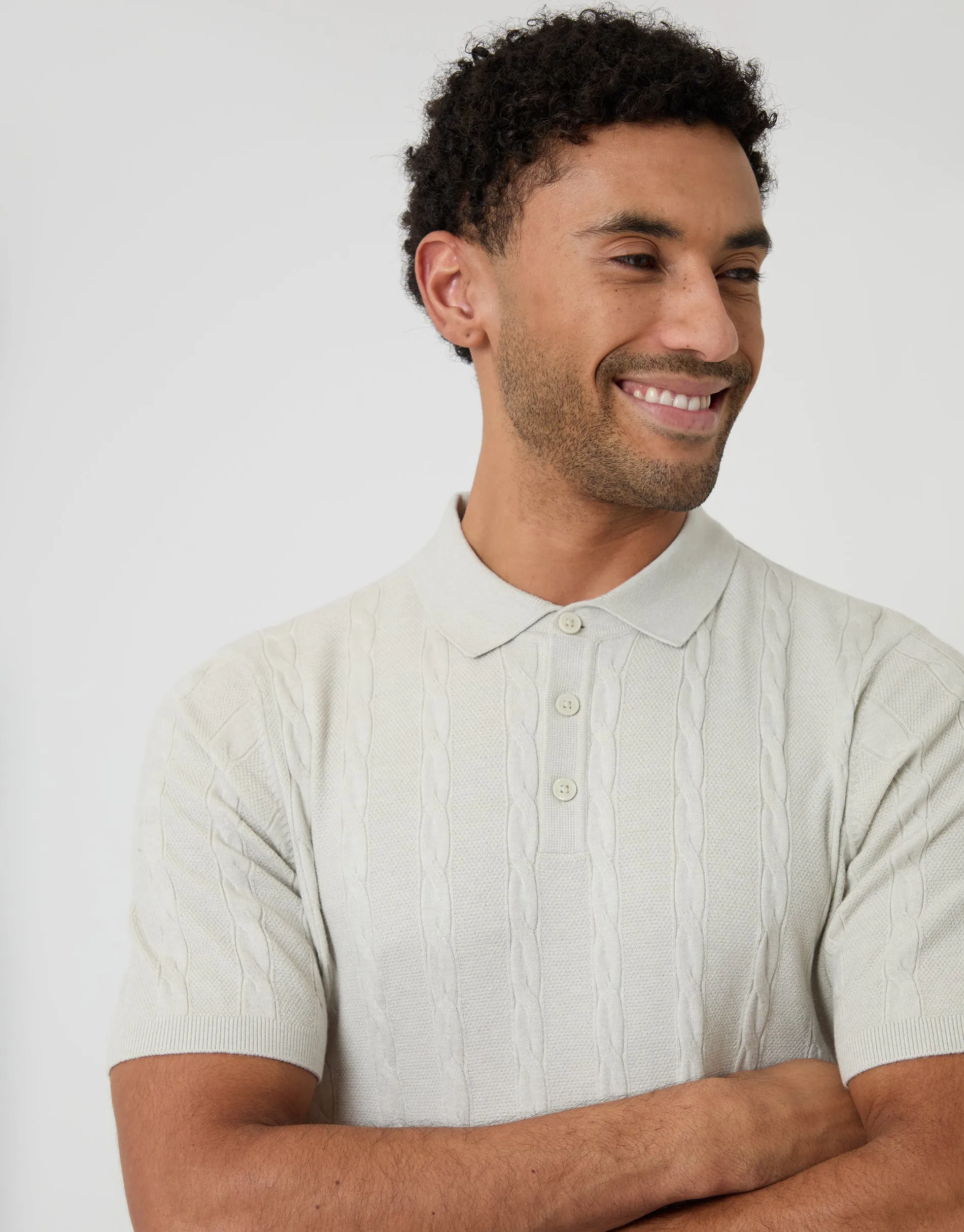 Ecru Cable Stripe Knitted Button Polo sold by Threadbare product image thumbnail 4