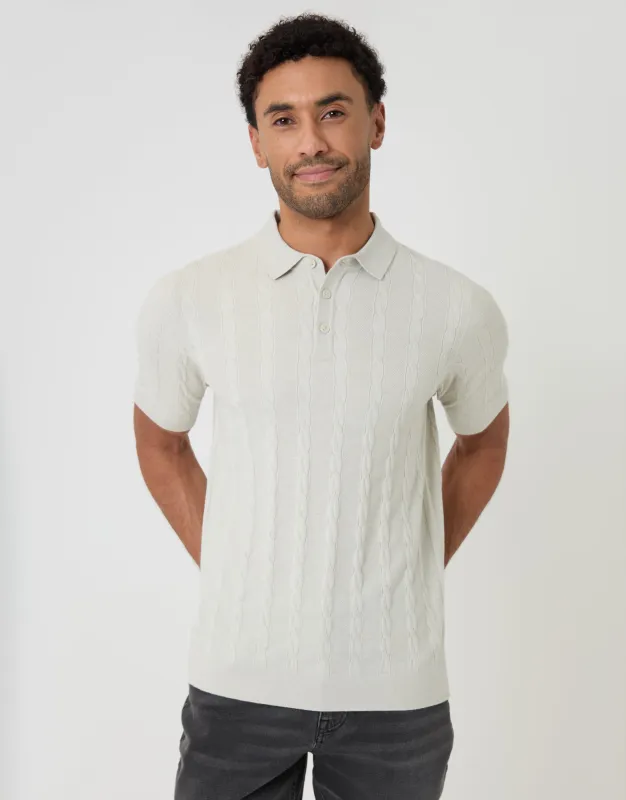Ecru Cable Stripe Knitted Button Polo made by Threadbare