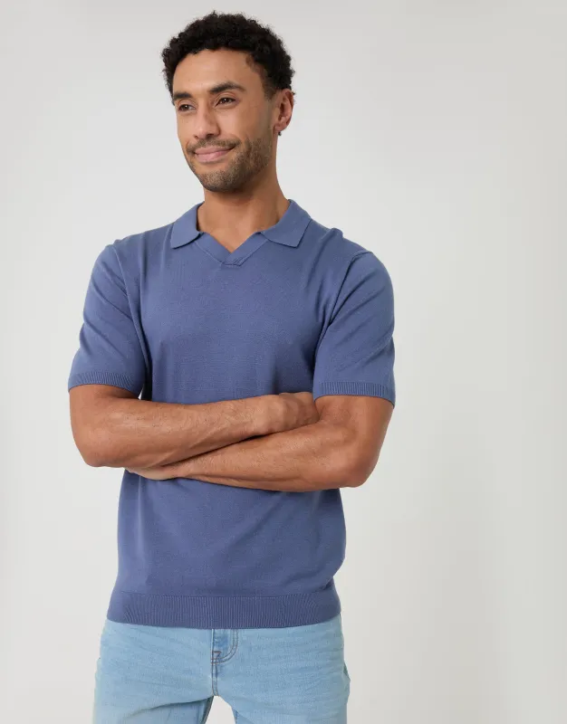 Knitted Trophy Neck Polo in Blue made by Threadbare