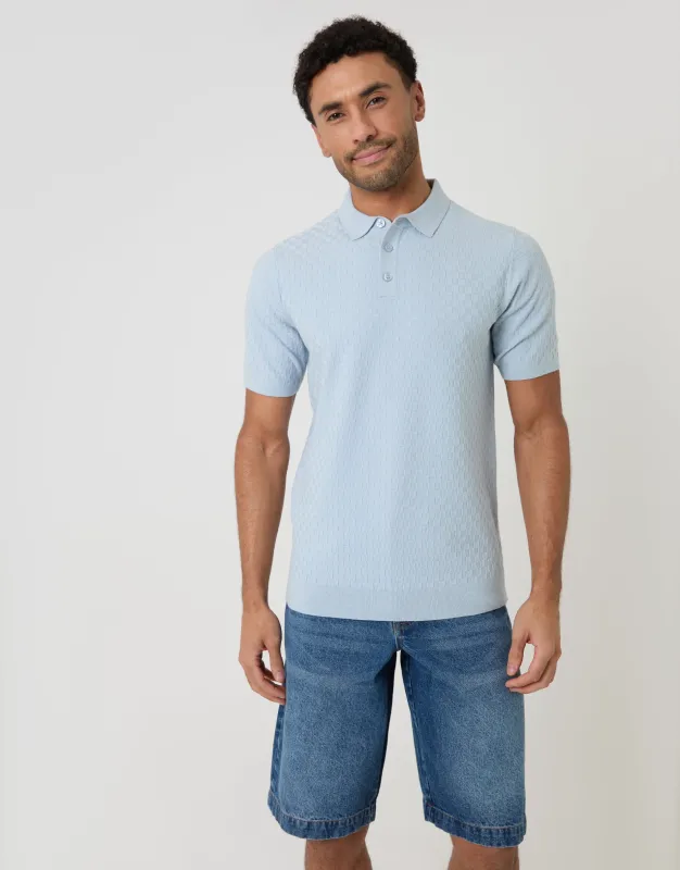 Light Blue Basket Stitch Knitted Polo made by Threadbare