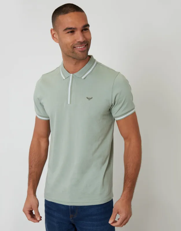 Sage Green Contrast Tipping Hidden Placket Polo Shirt made by Threadbare