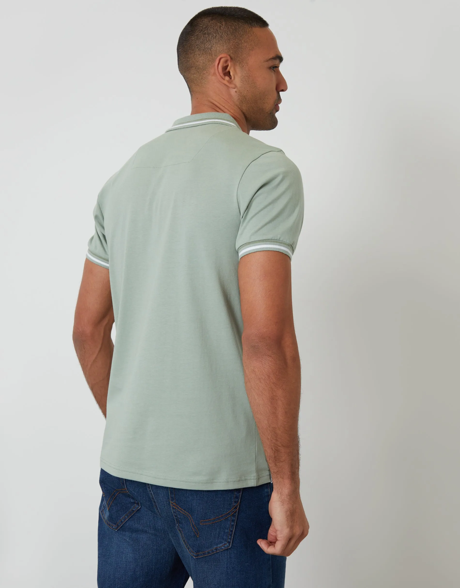 Sage Green Contrast Tipping Hidden Placket Polo Shirt sold by Threadbare product image thumbnail 2