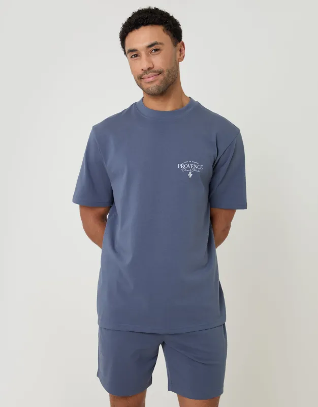 Relaxed Fit Graphic Top & Shorts Lounge Set in Blue made by Threadbare