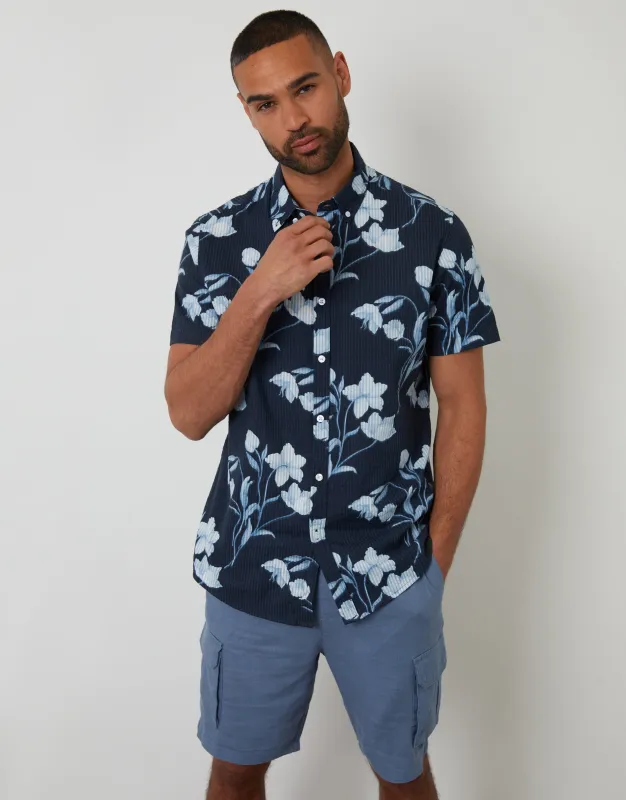 Floral Print Button Down Collar Short Sleeve Shirt in Navy made by Threadbare