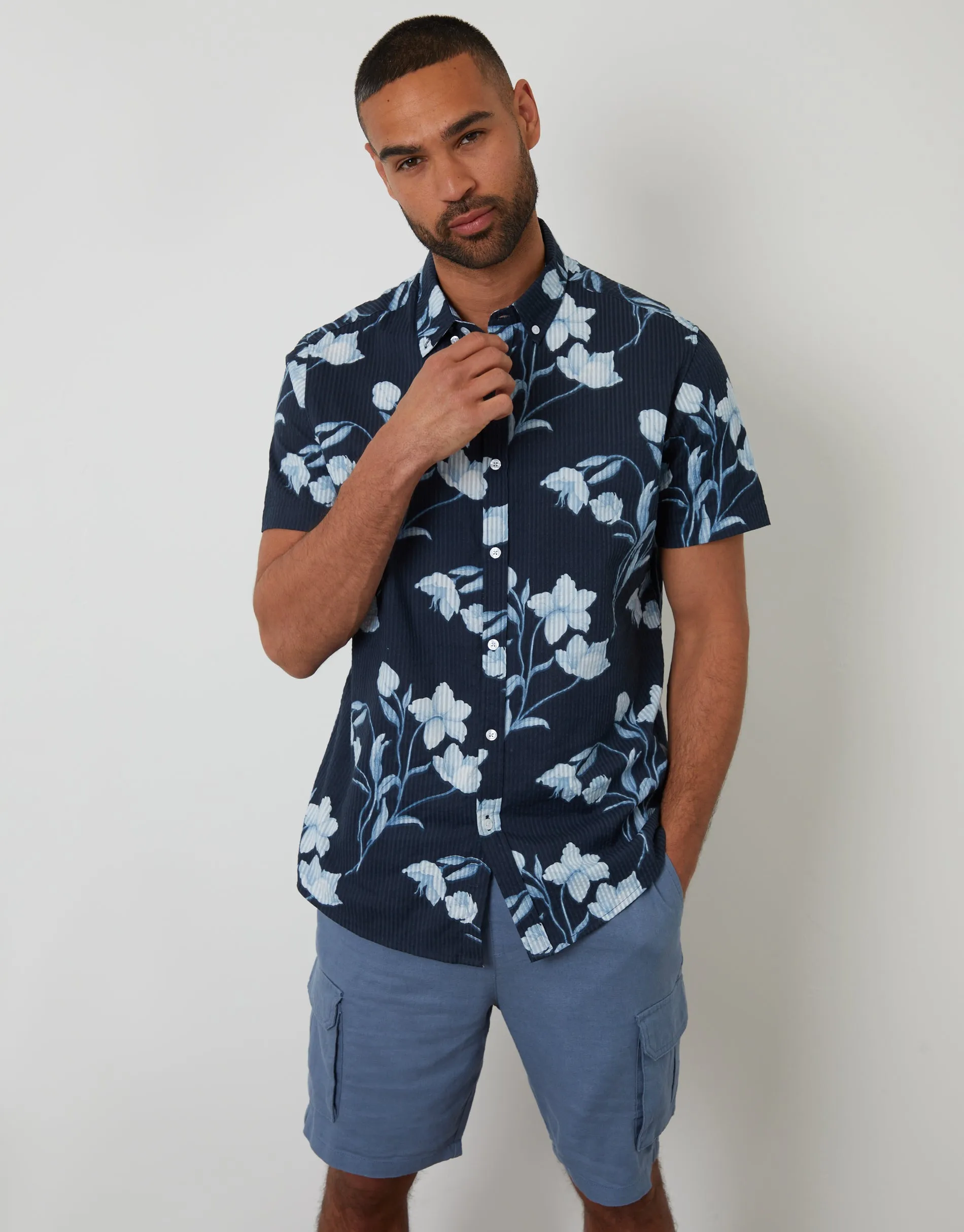 Floral Print Button Down Collar Short Sleeve Shirt in Navy sold by Threadbare