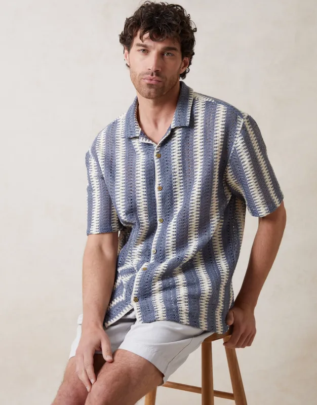 Relaxed Fit Crochet Short Sleeve Shirt in Blue & Ecru made by Threadbare