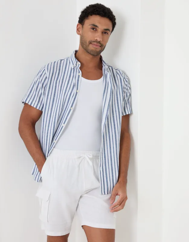 Blue Stripe Linen Cotton Blend Short Sleeve Shirt made by Threadbare