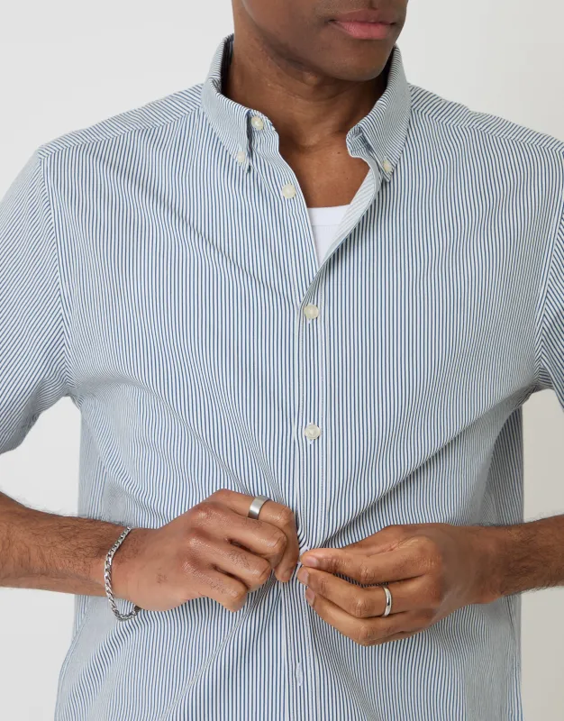 Cotton Poplin Short Sleeve Shirt in Blue Stripe made by Threadbare