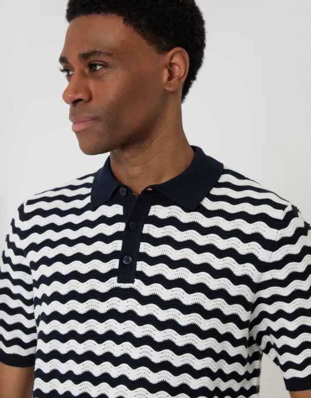 Navy Wavy Stripe Textured Knitted Polo made by Threadbare