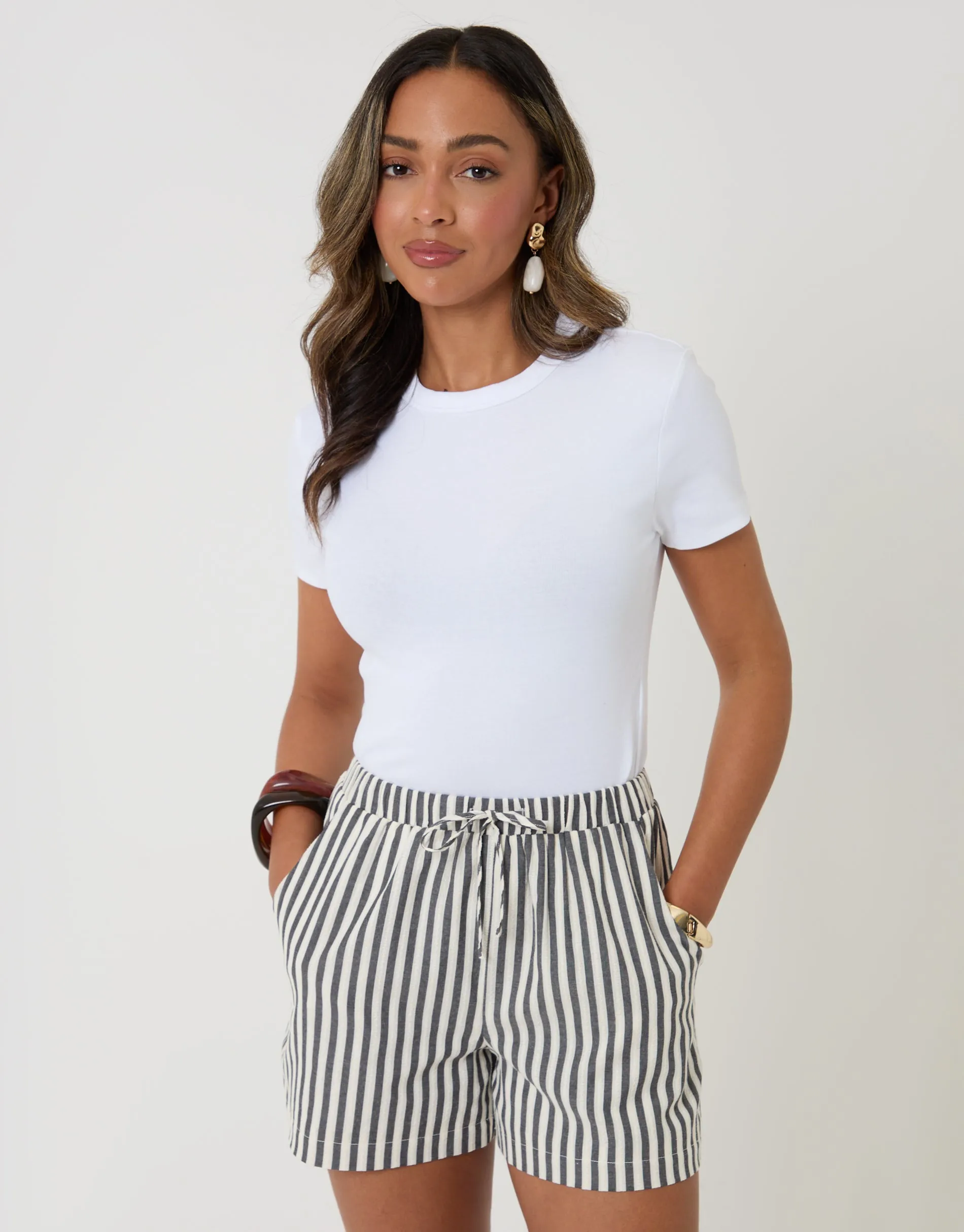 Navy Stripe Drawstring Shorts with Pockets sold by Threadbare