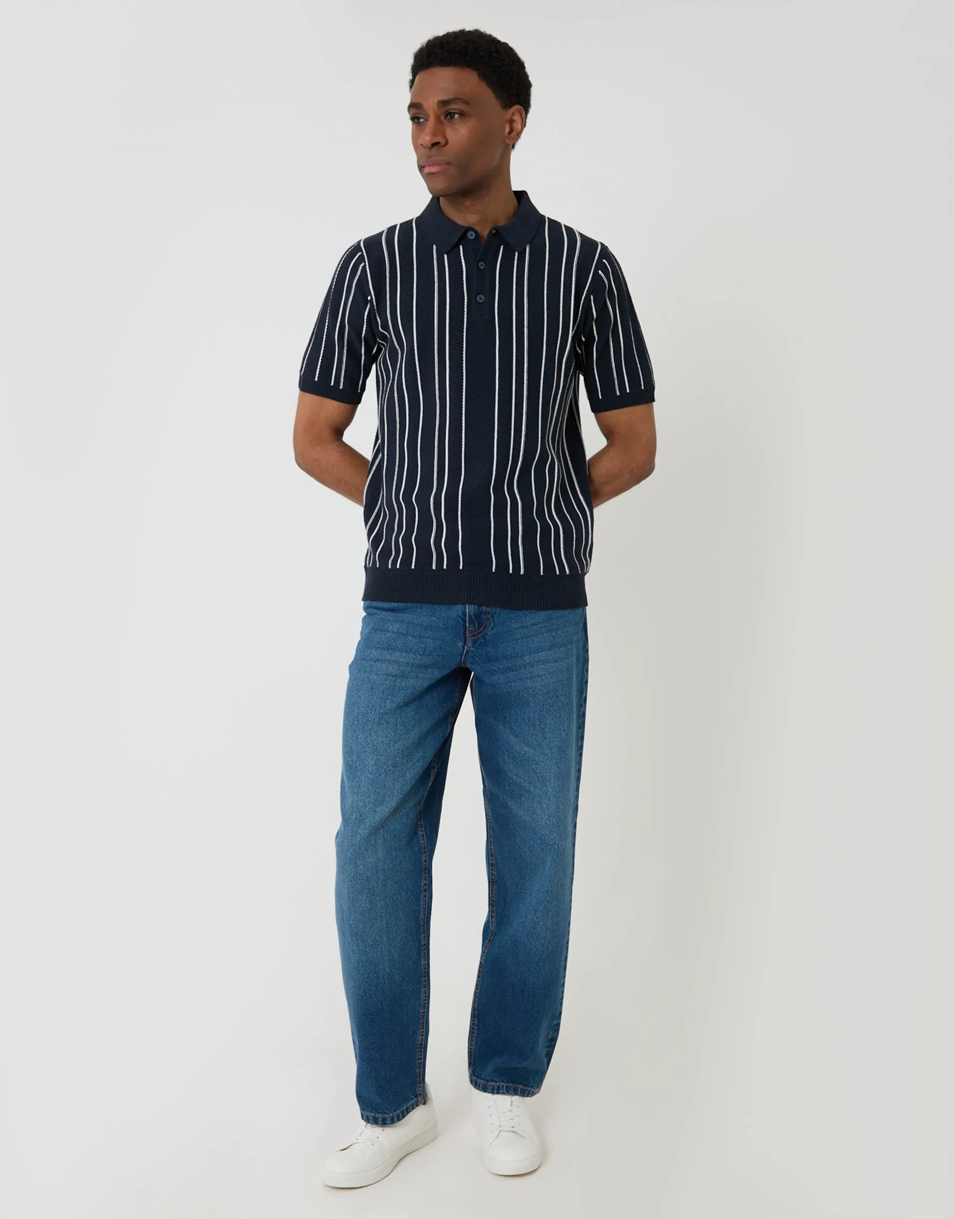 Navy Textured Stripe Knitted Quarter Zip Polo sold by Threadbare product image thumbnail 4