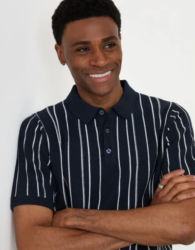 Navy Textured Stripe Knitted Quarter Zip Polo made by Threadbare