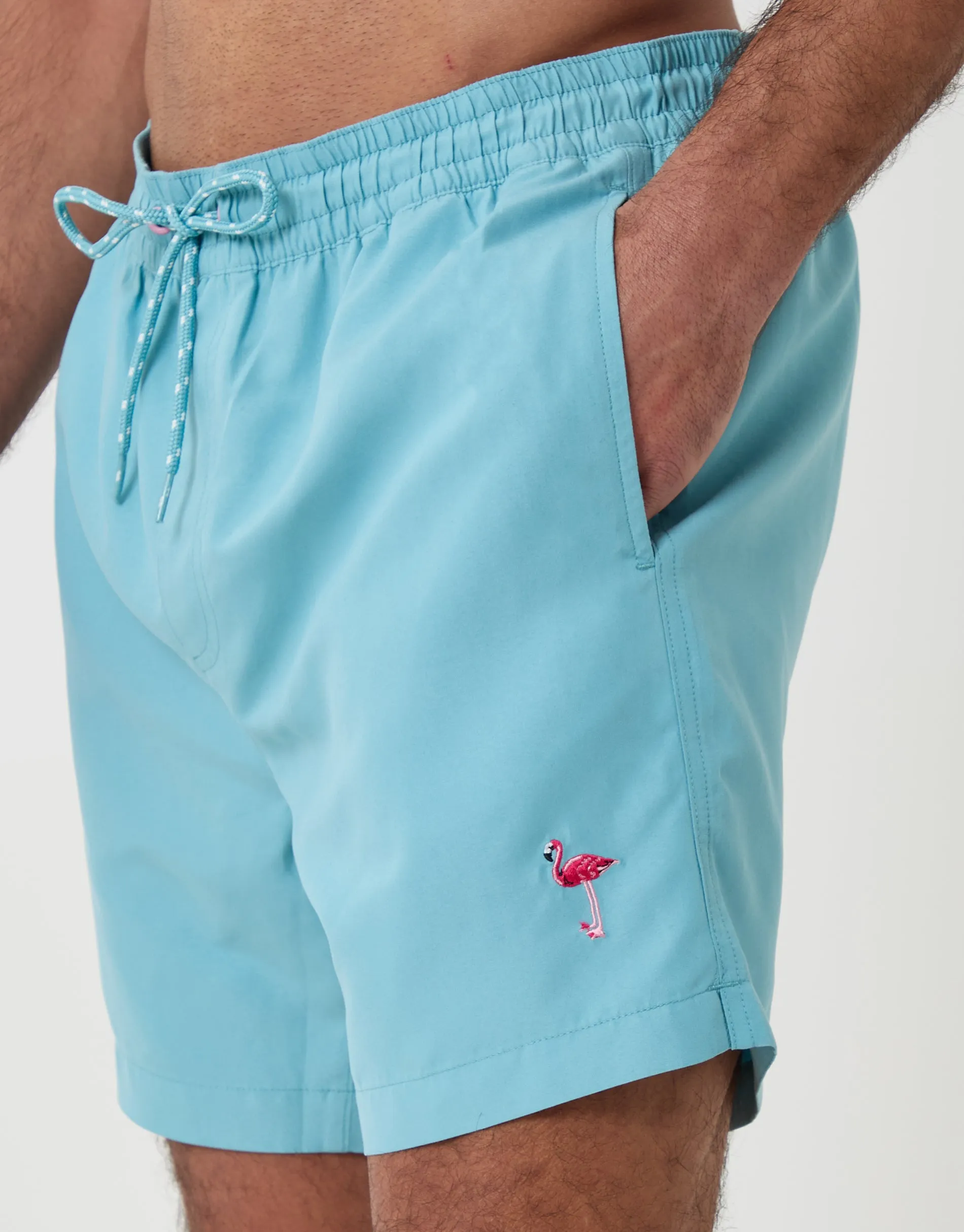Flamingo Embroidered Quick Dry Swim Shorts in Light Blue sold by Threadbare product image thumbnail 4