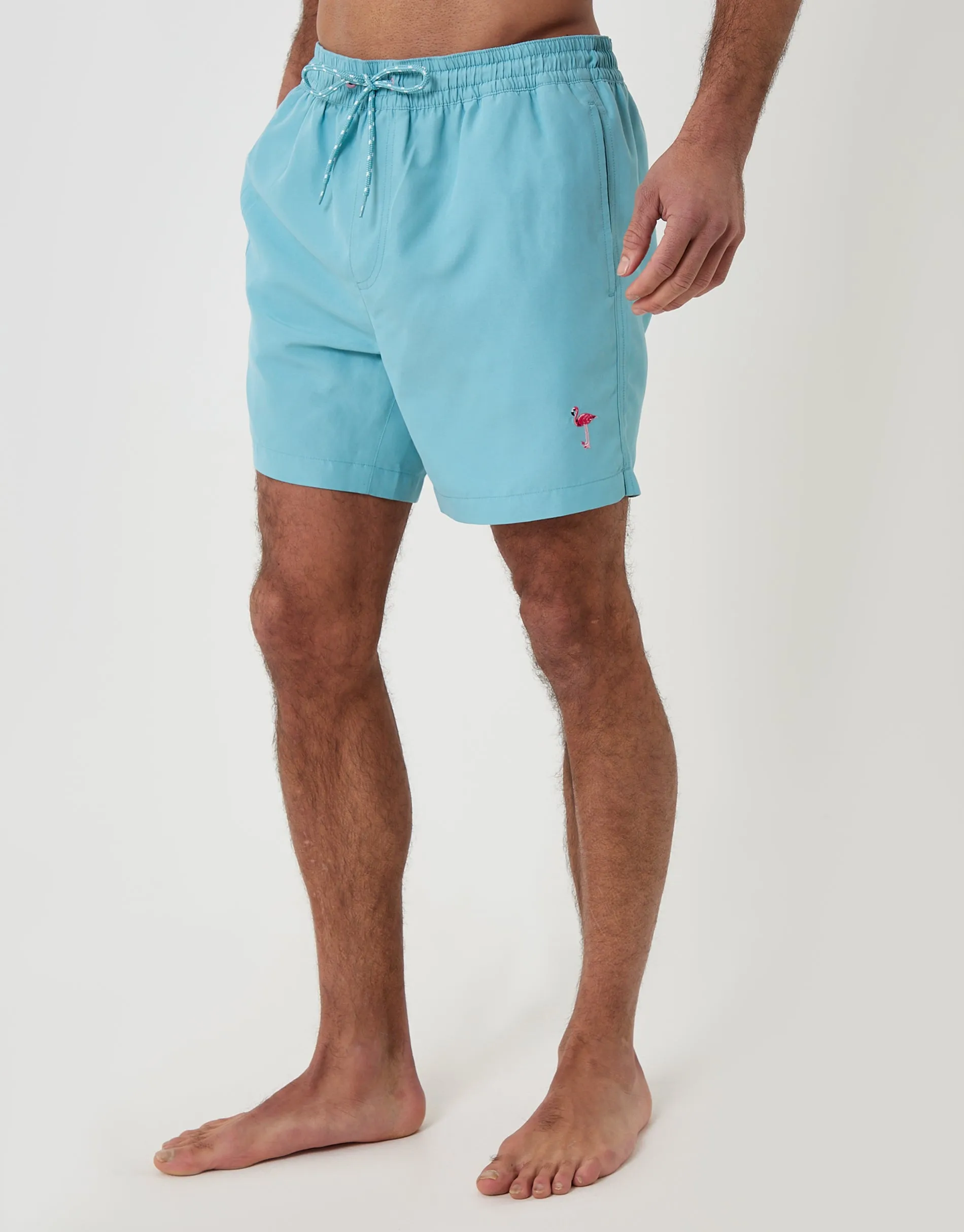 Flamingo Embroidered Quick Dry Swim Shorts in Light Blue sold by Threadbare