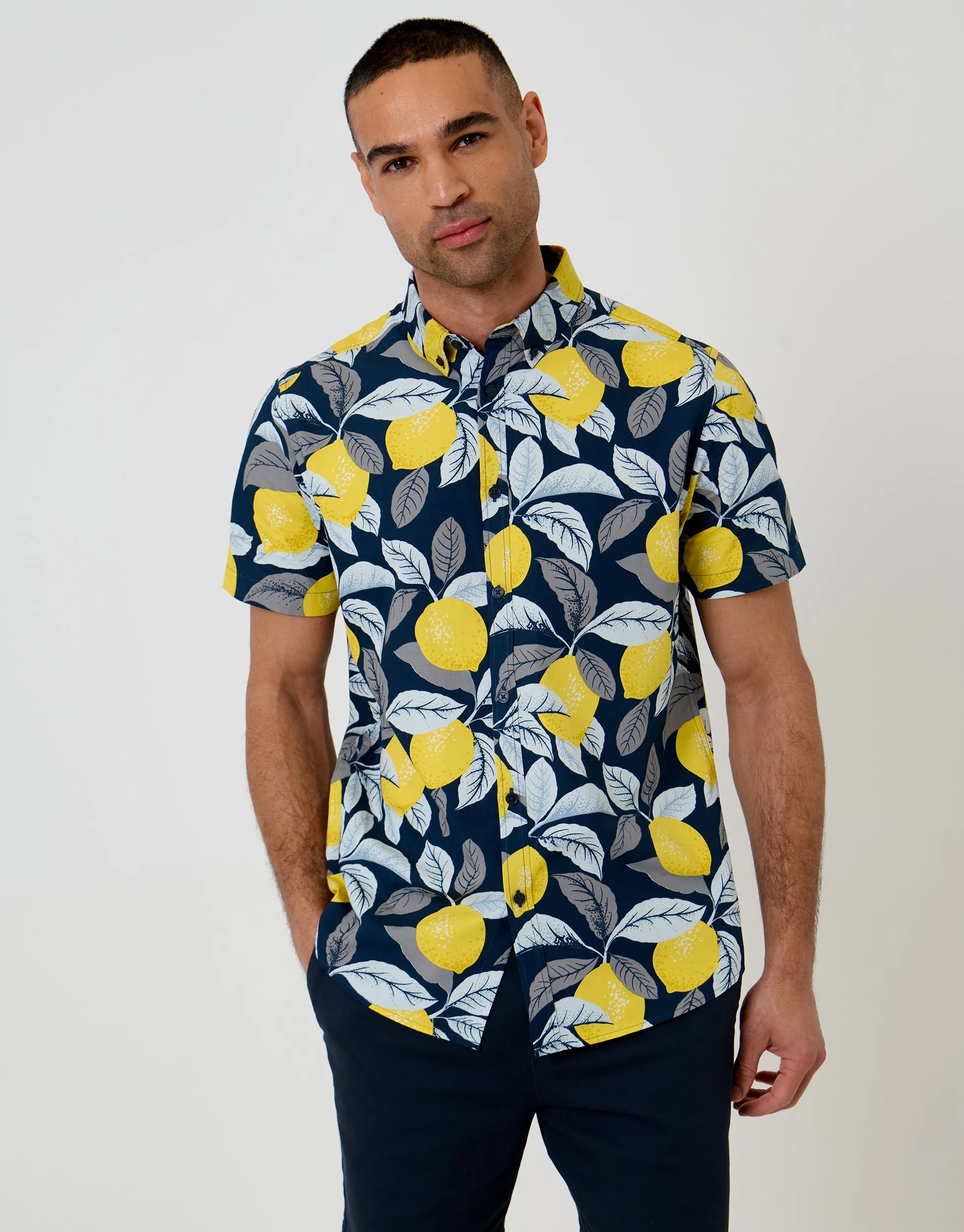 Lemon Print Cotton Poplin Short Sleeve Shirt in Navy sold by Threadbare