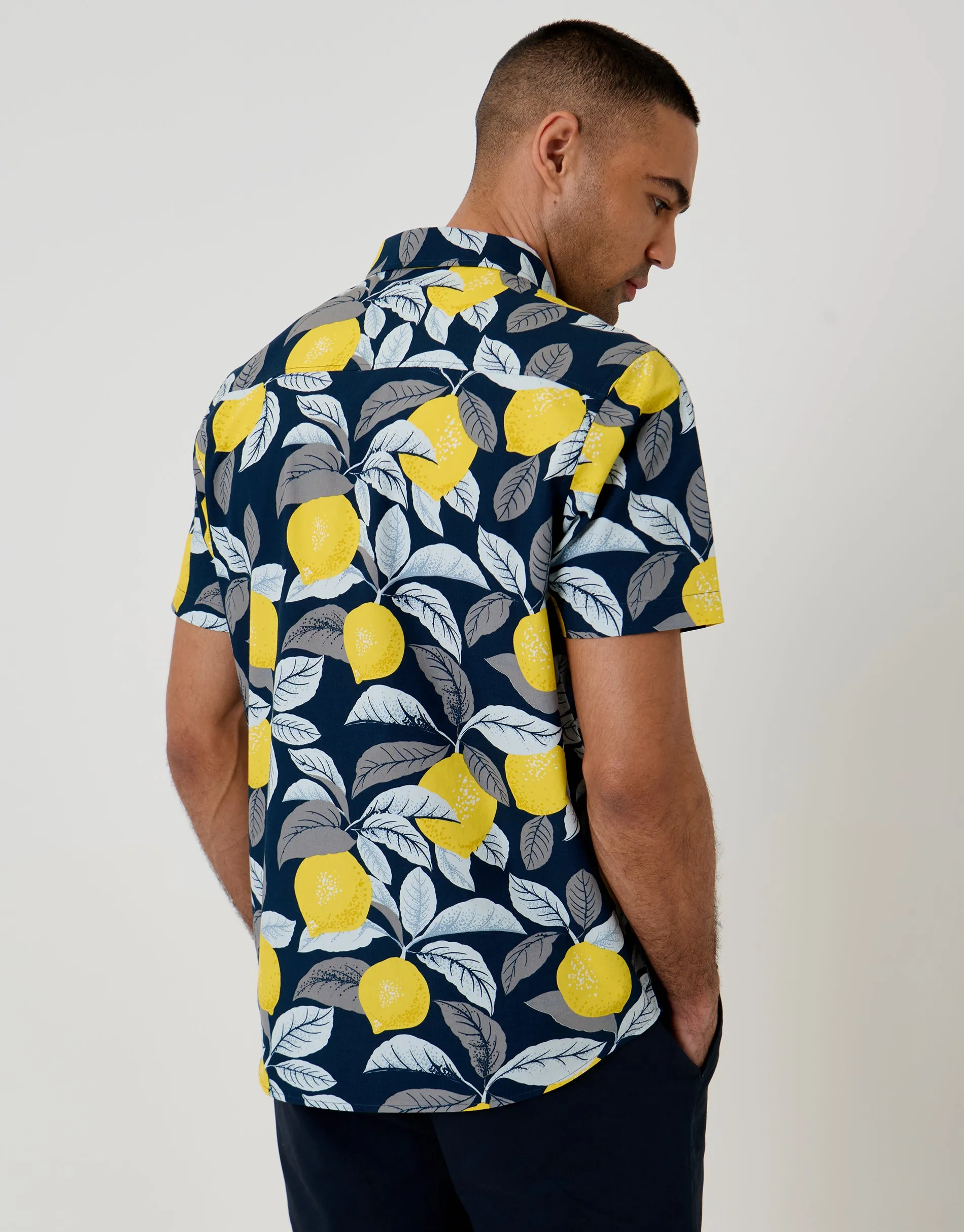 Lemon Print Cotton Poplin Short Sleeve Shirt in Navy sold by Threadbare product image thumbnail 2