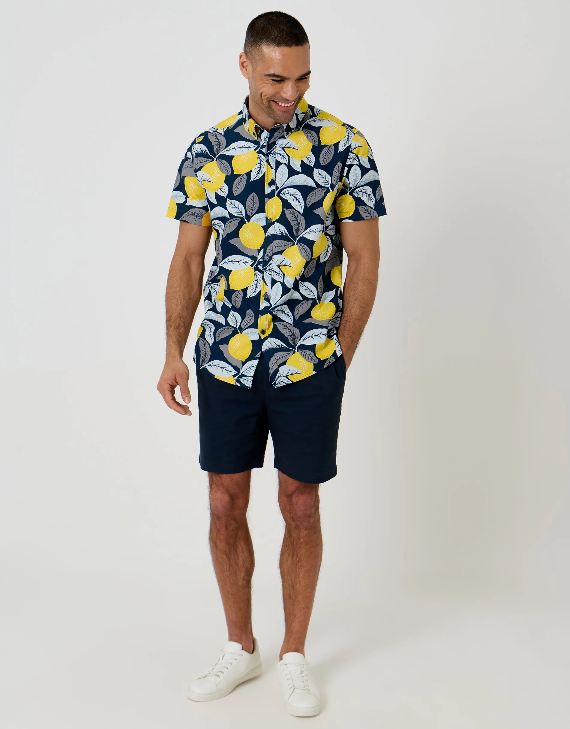 Lemon Print Cotton Poplin Short Sleeve Shirt in Navy sold by Threadbare product image thumbnail 3