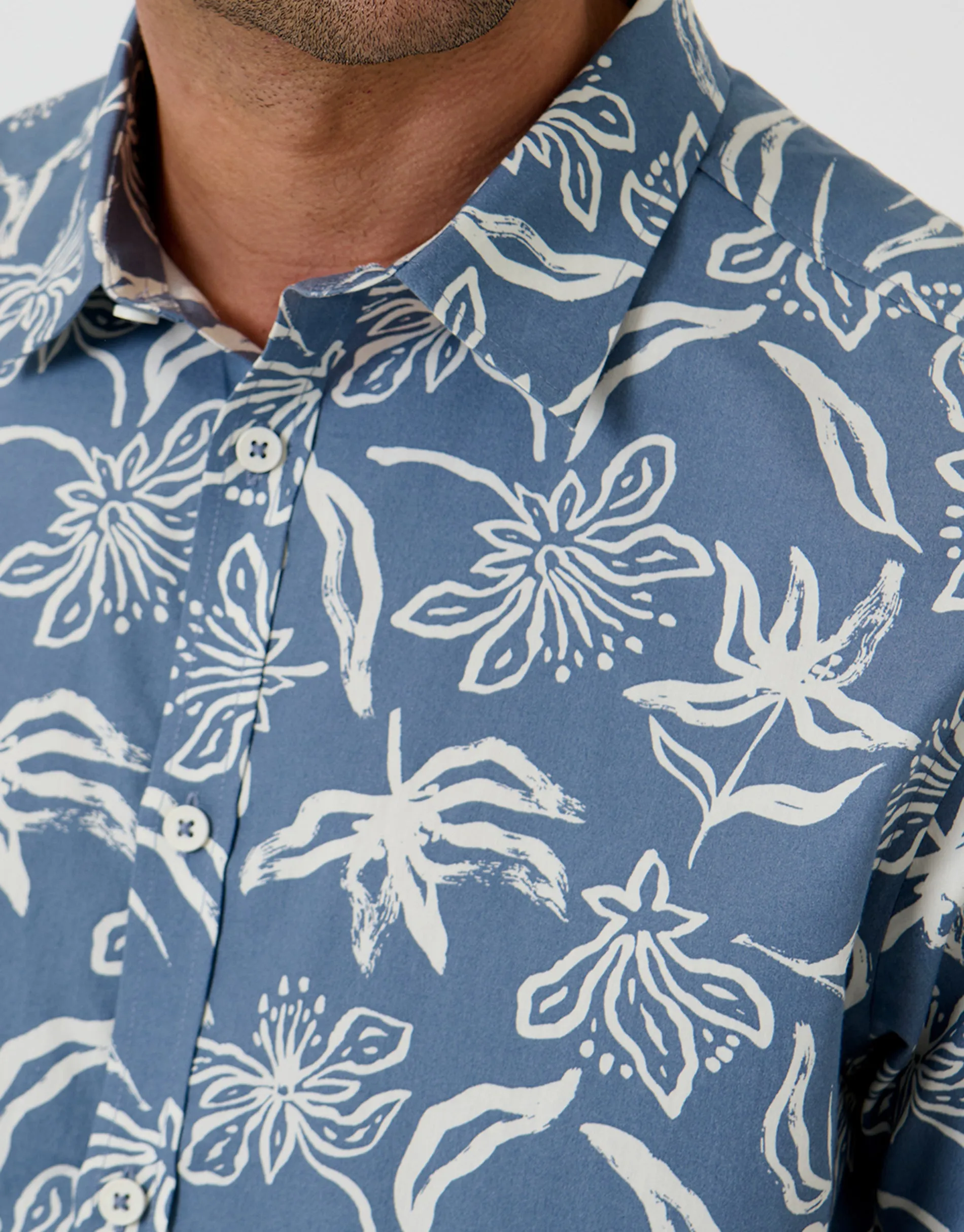Tropical Print Cotton Poplin Short Sleeve Shirt in Denim Blue sold by Threadbare product image thumbnail 5