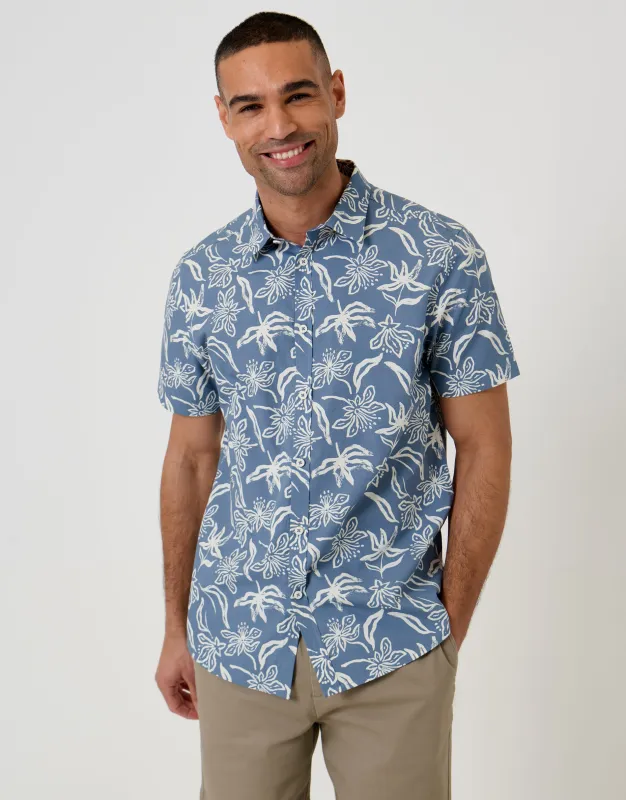 Tropical Print Cotton Poplin Short Sleeve Shirt in Denim Blue made by Threadbare