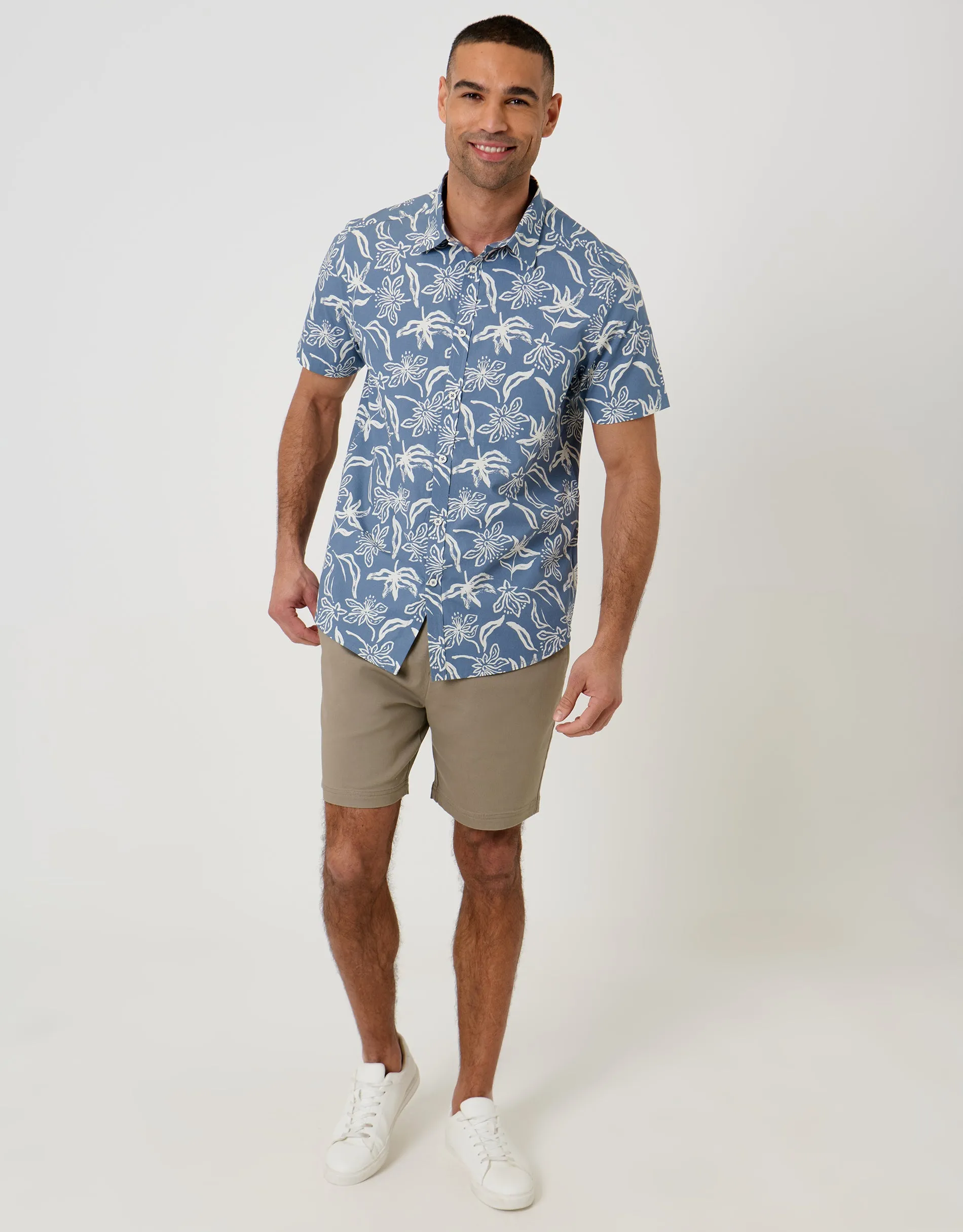 Tropical Print Cotton Poplin Short Sleeve Shirt in Denim Blue sold by Threadbare product image thumbnail 3