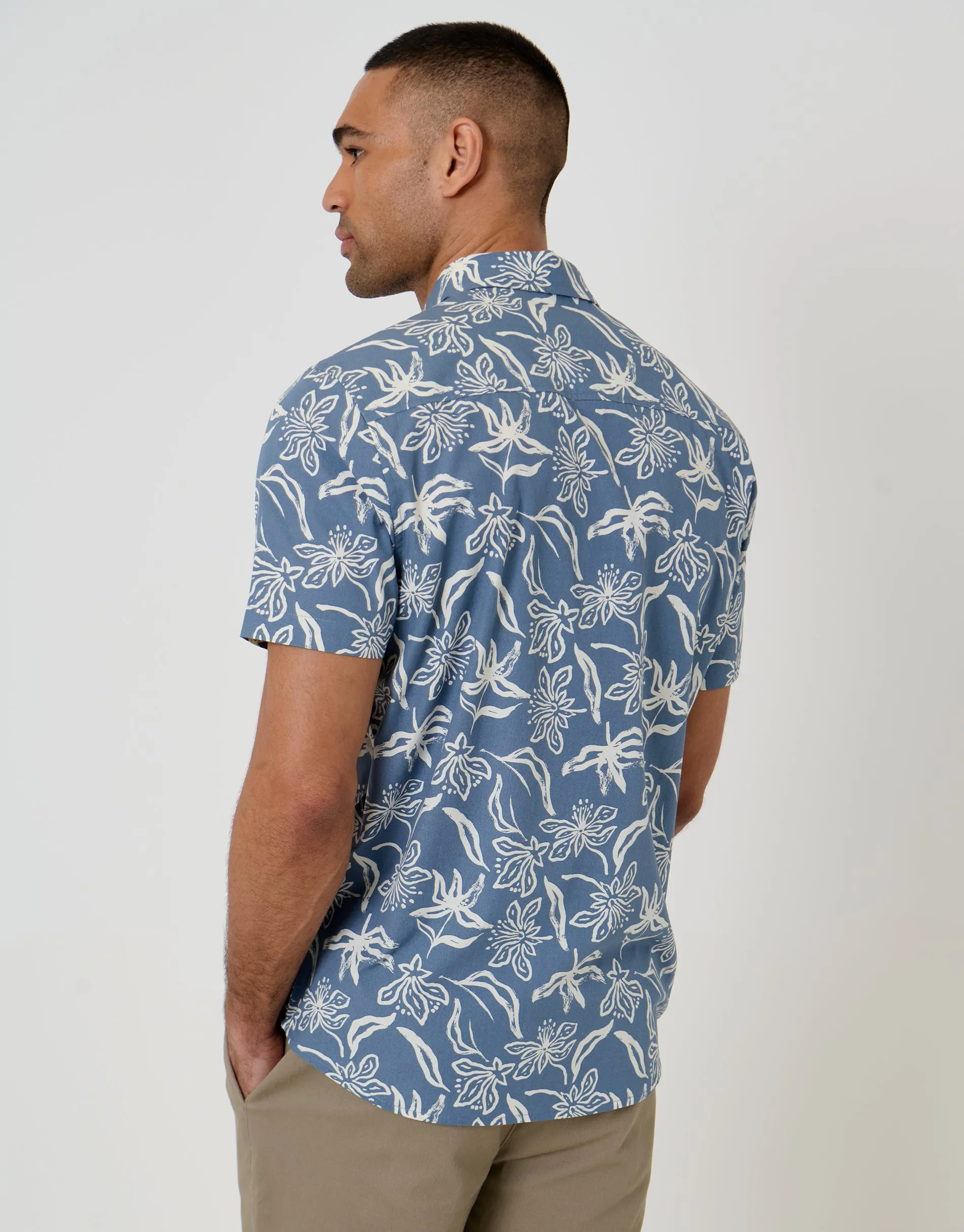 Tropical Print Cotton Poplin Short Sleeve Shirt in Denim Blue sold by Threadbare product image thumbnail 2