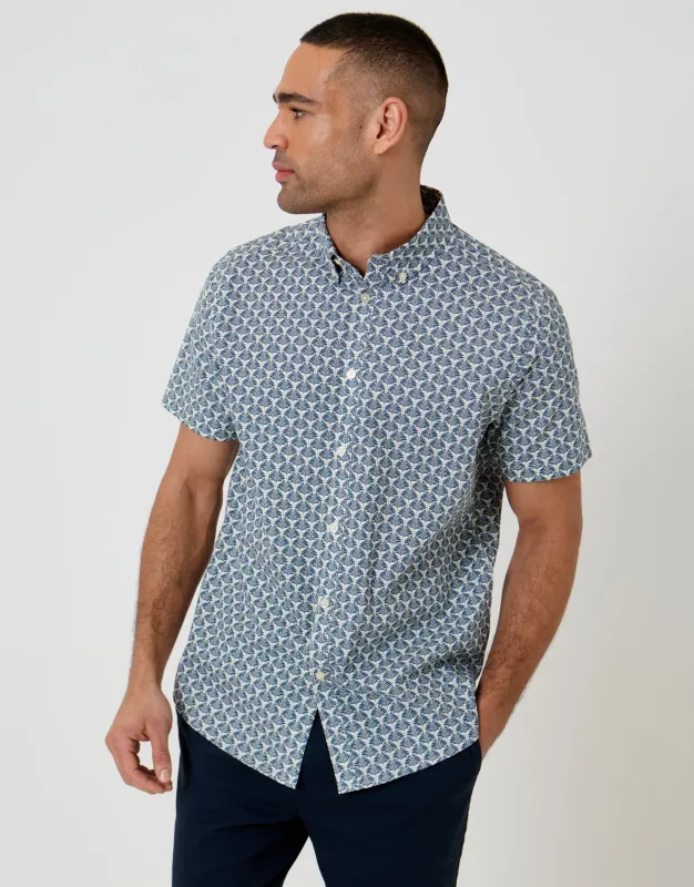 Linear Leaf Print Cotton Short Sleeve Shirt in Denim Blue made by Threadbare