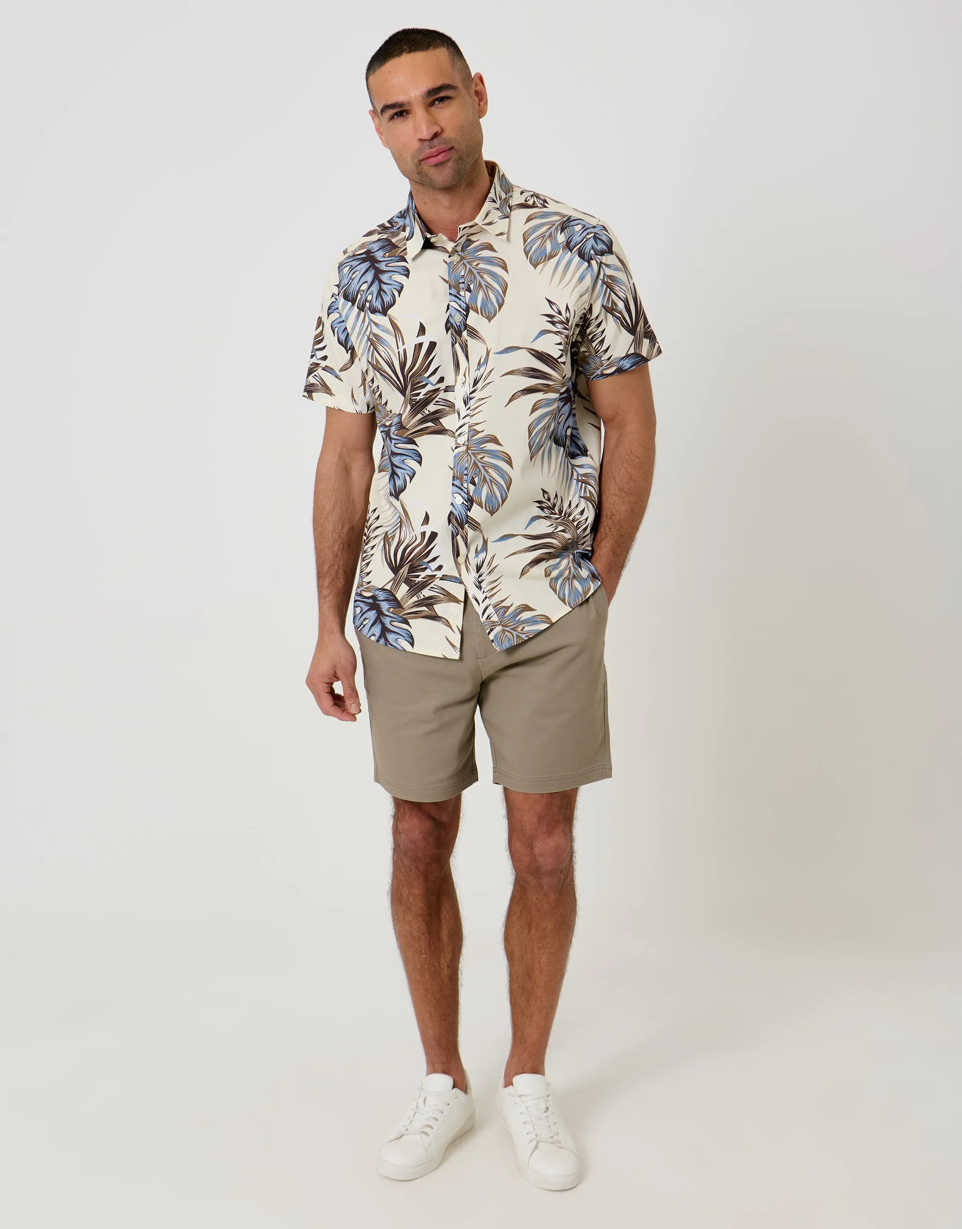Leaf Print Cotton Poplin Short Sleeve Shirt in Ecru sold by Threadbare product image thumbnail 3