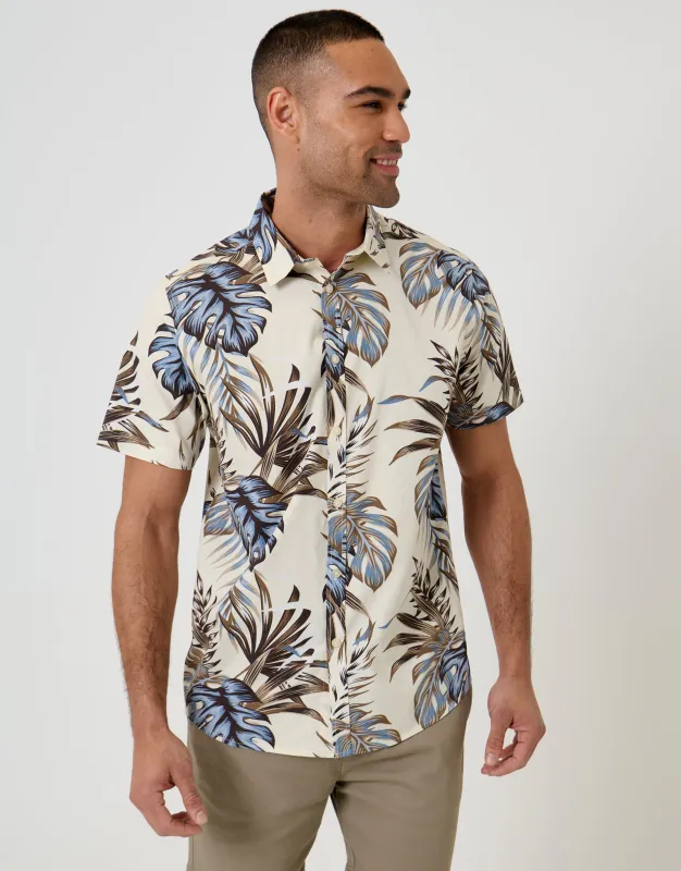 Leaf Print Cotton Poplin Short Sleeve Shirt in Ecru made by Threadbare