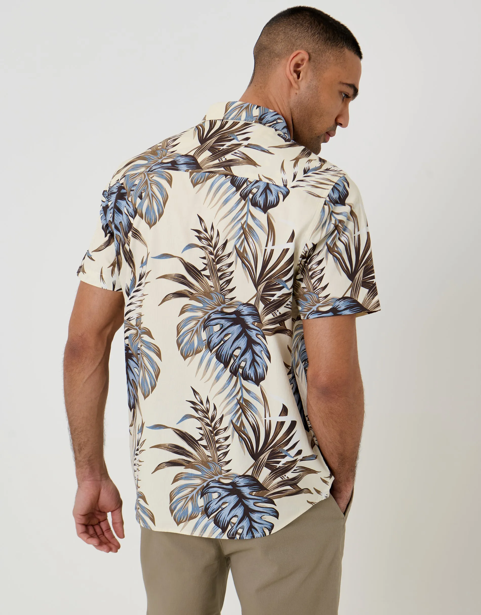 Leaf Print Cotton Poplin Short Sleeve Shirt in Ecru sold by Threadbare product image thumbnail 2