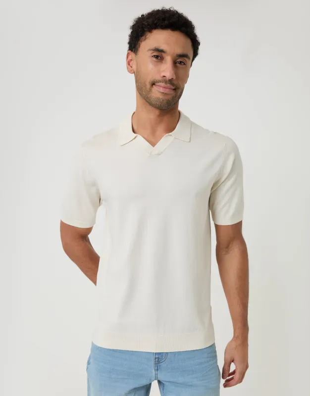 Ecru Knitted Trophy Neck Polo made by Threadbare