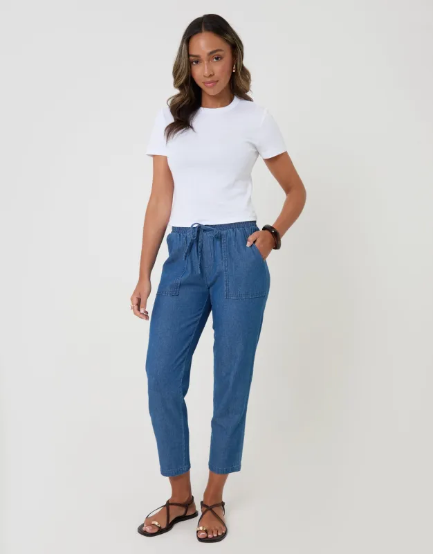 Drawstring Waist Barrel Leg Jeans in Mid Wash made by Threadbare